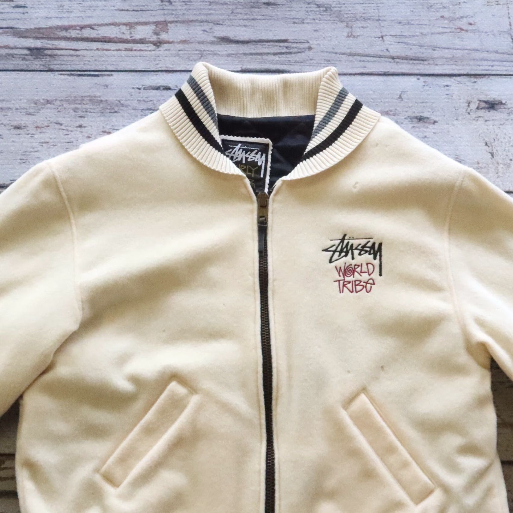 Vintage VINTAGE Stussy Burly Gear World Tribe Wool Varsity Jacket M Beige Men Jacket M USA Size US M / EU 48-50 / 2 - 3 Thumbnail