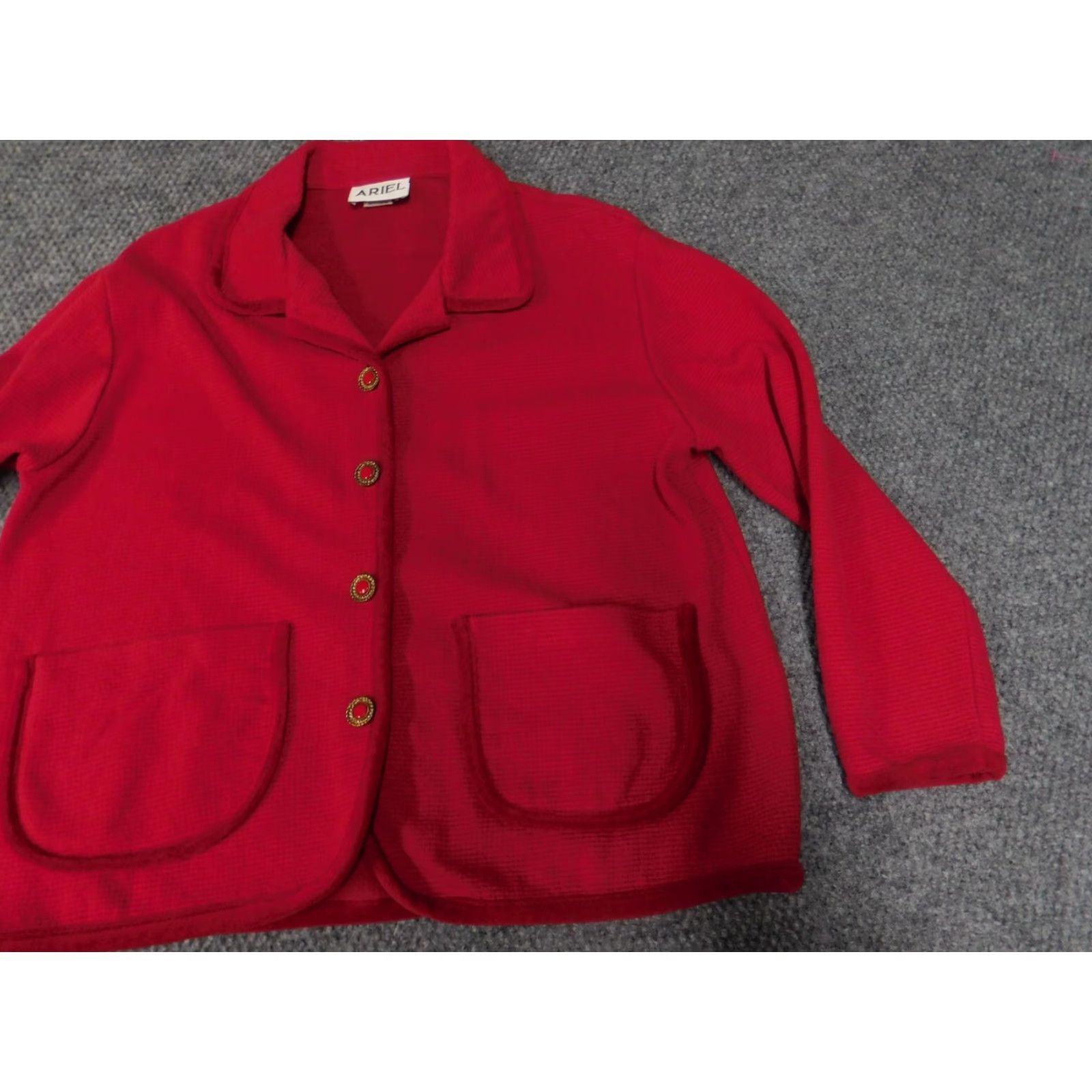Vintage Ariel Jacket Womens Medium Red Button Down Cotton Knit with Pockets Embroidered Collared Basic Jacket Size M / US 6-8 / IT 42-44 - 2 Thumbnail