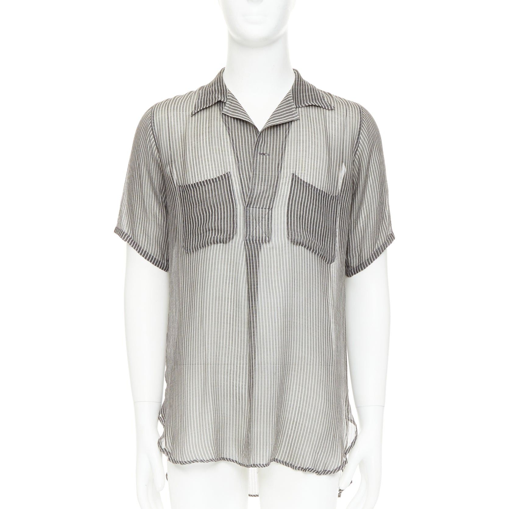 Dries Van Noten DRIES VAN NOTEN grey off white sheer striped buttoned polo shirt IT48 M Size US M / EU 48-50 / 2 - 1 Thumbnail