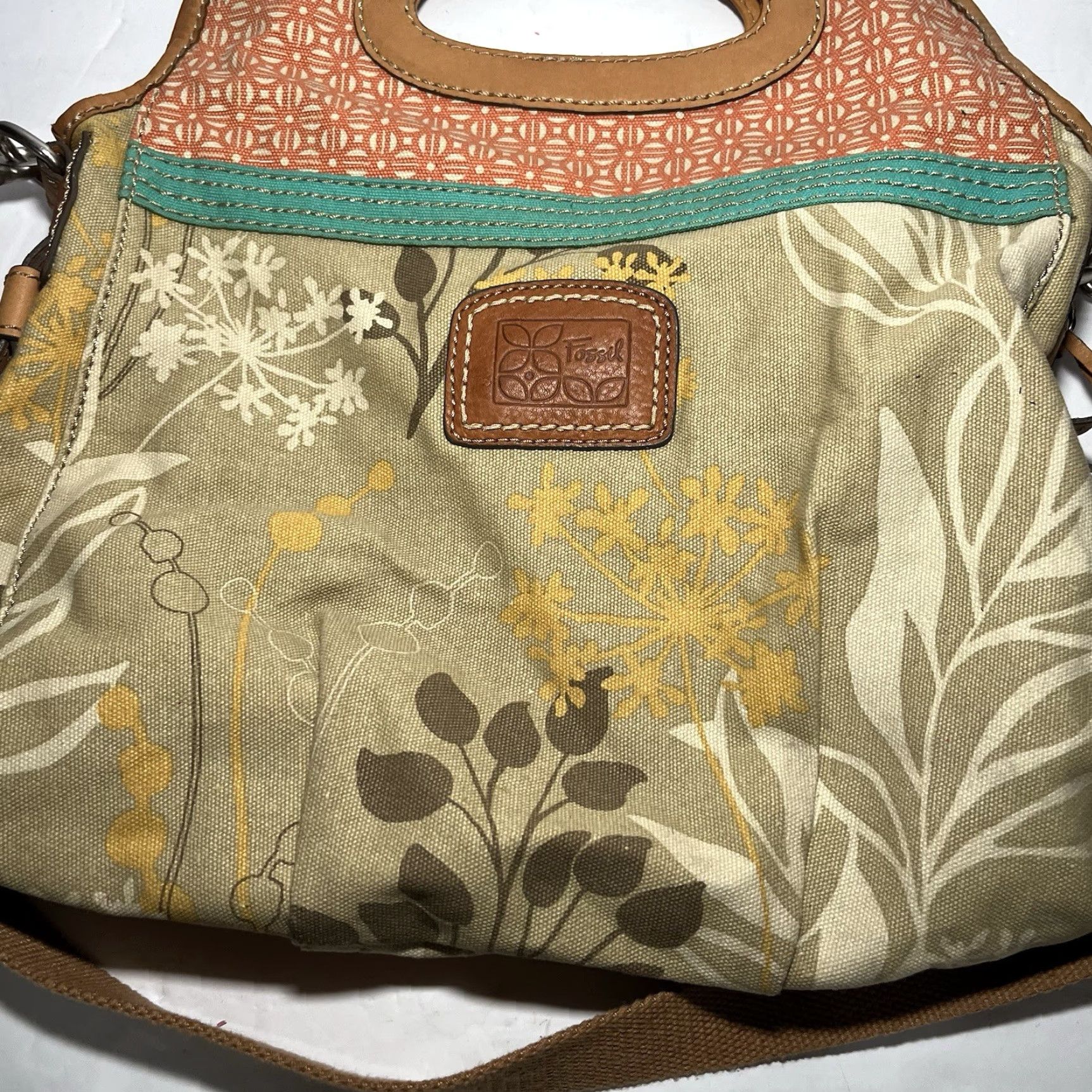 Fossil Fossil Key Purse Satchel Bag Large Canvas Tote Tan Floral Bohemian With Strap - Fossil Satchel Bag, Bohemian Floral Canvas Tote, Key Purse, Tan Strap Size ONE SIZE - 3 Thumbnail