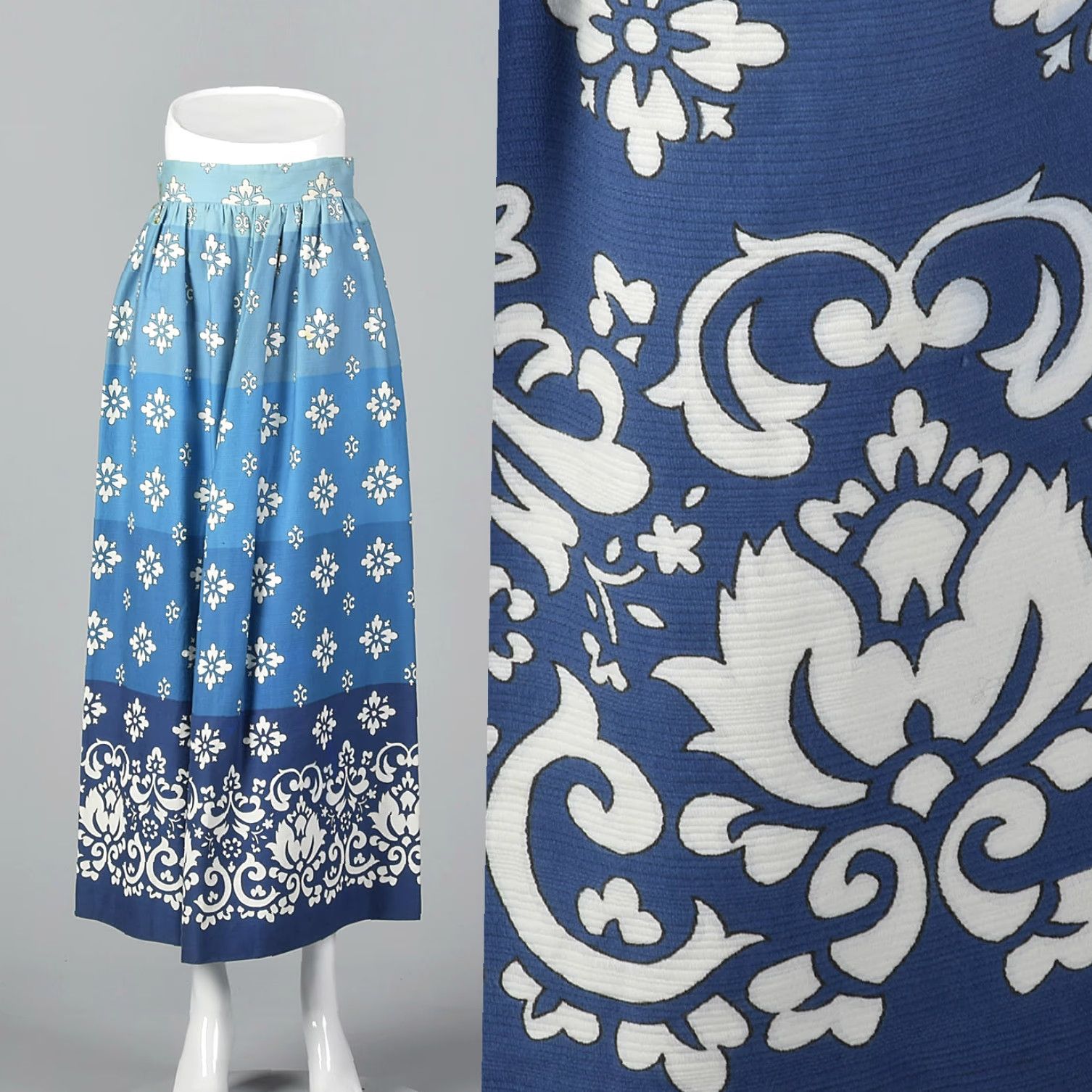 XXS 1970s Maxi Skirt Vintage Blue Long White Floral Pattern Stripe Summer Skirt
