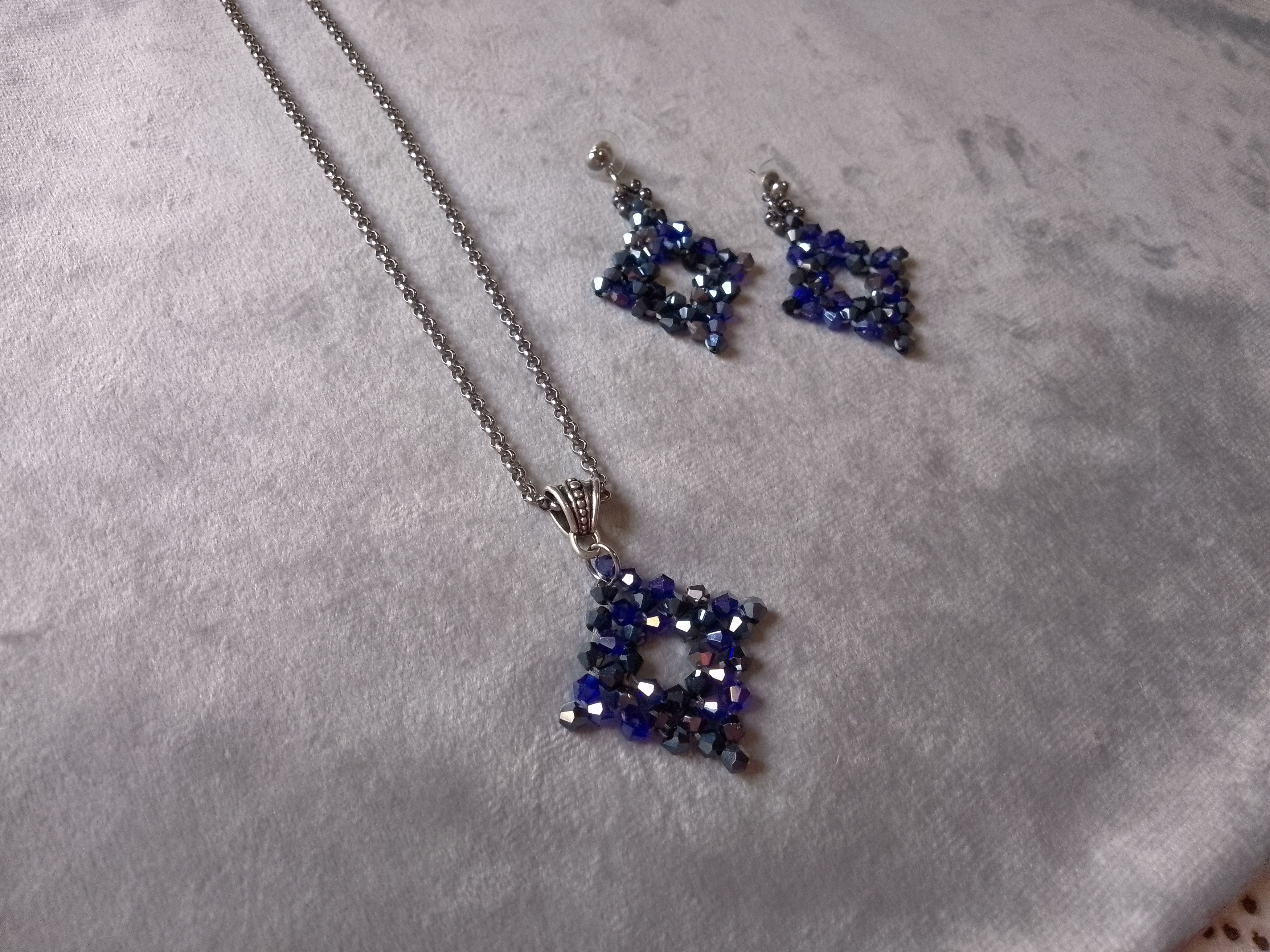 Handmade Necklace Pendant Matching Earrings. Blue Crystal. Square Size ONE SIZE - 4 Thumbnail