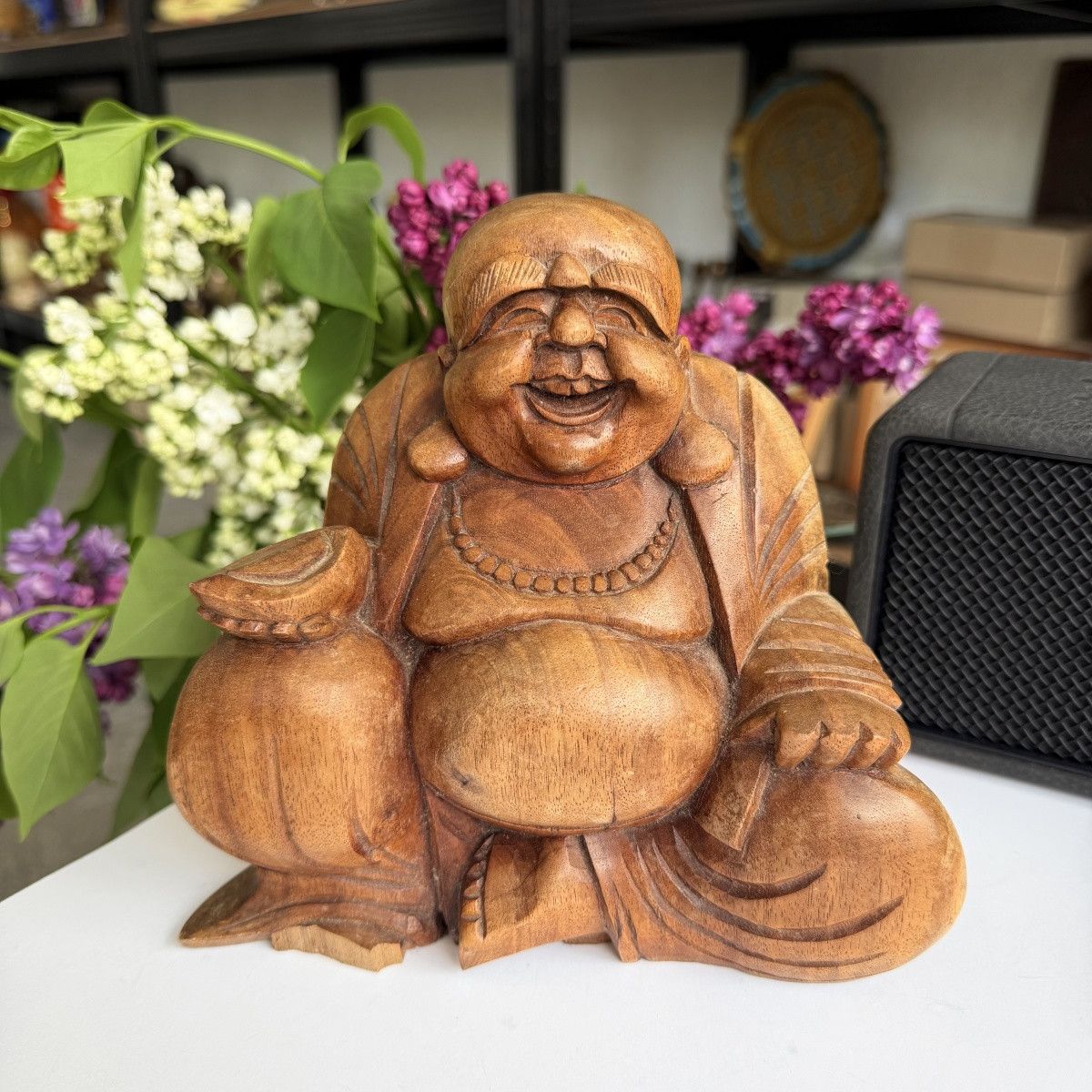 Vintage Vintage Hand Carved Wooden Lucky Buddha Hotei Feng Shui Size ONE SIZE - 3 Thumbnail