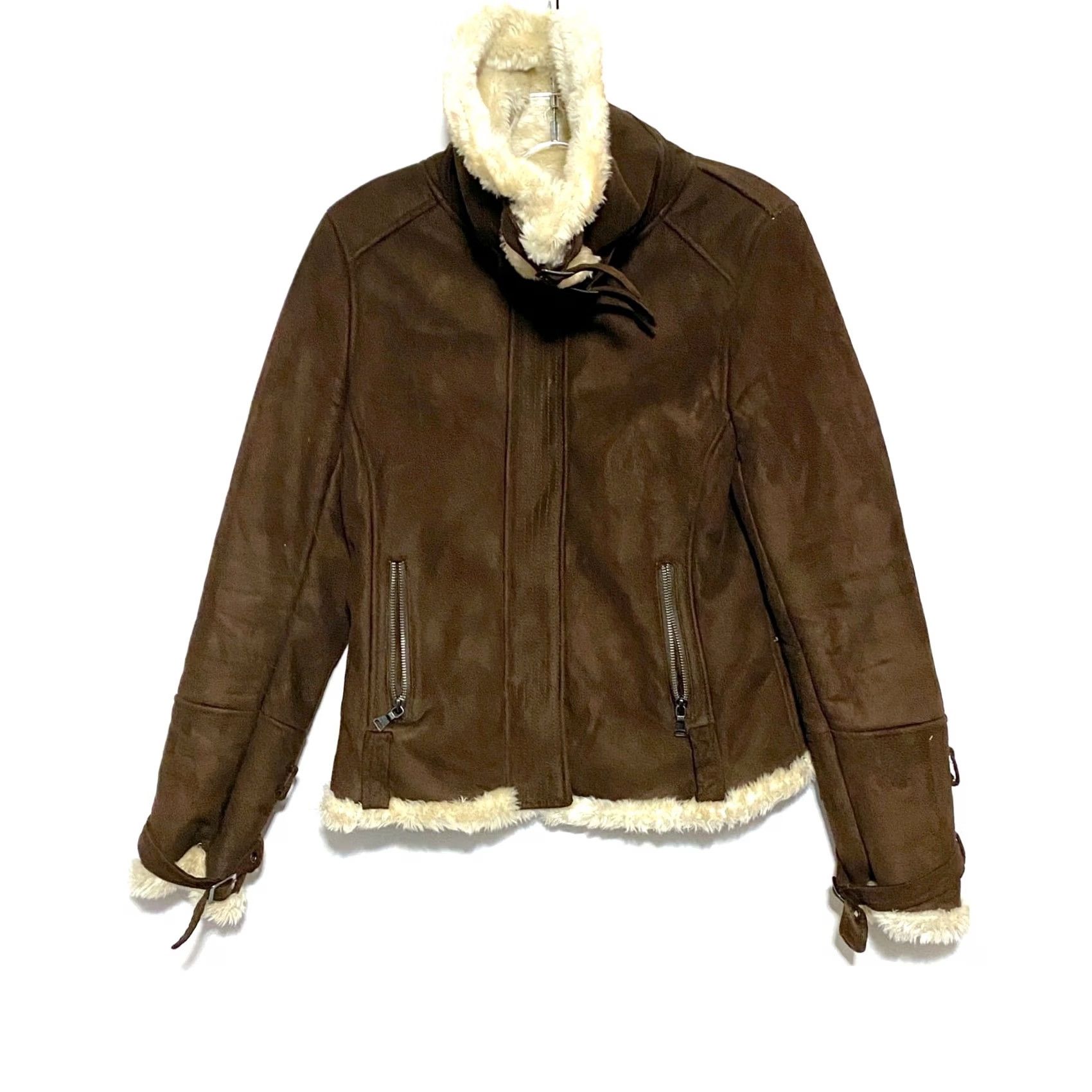 Express VINTAGE Express VTG Faux Suede Fur Brown Moto Bomber Jacket Womens S Zip Buckles Y2K Size S / US 4 / IT 40 - 2 Thumbnail