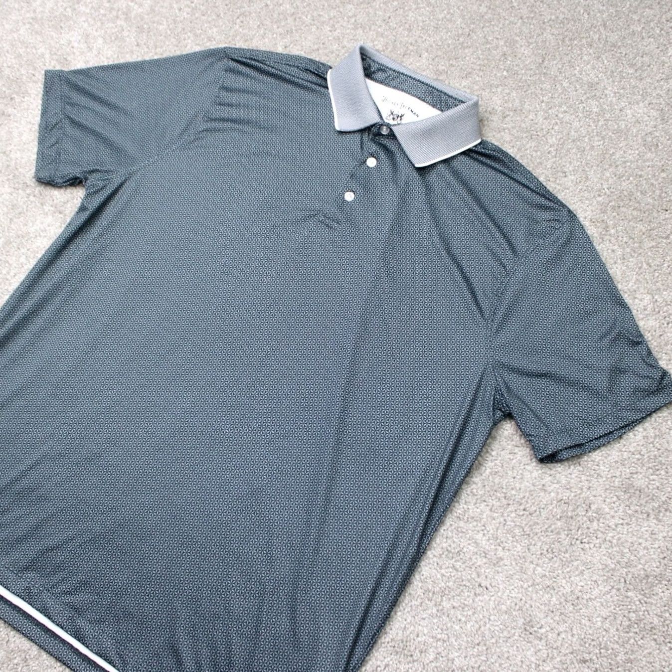 Vintage Hickey Freeman Polo Shirt Mens Large Gray Geometric Short Sleeve Polyester Spandex Lightweight Breathable Sports Golf Casual Size US L / EU 52-54 / 3 - 3 Thumbnail