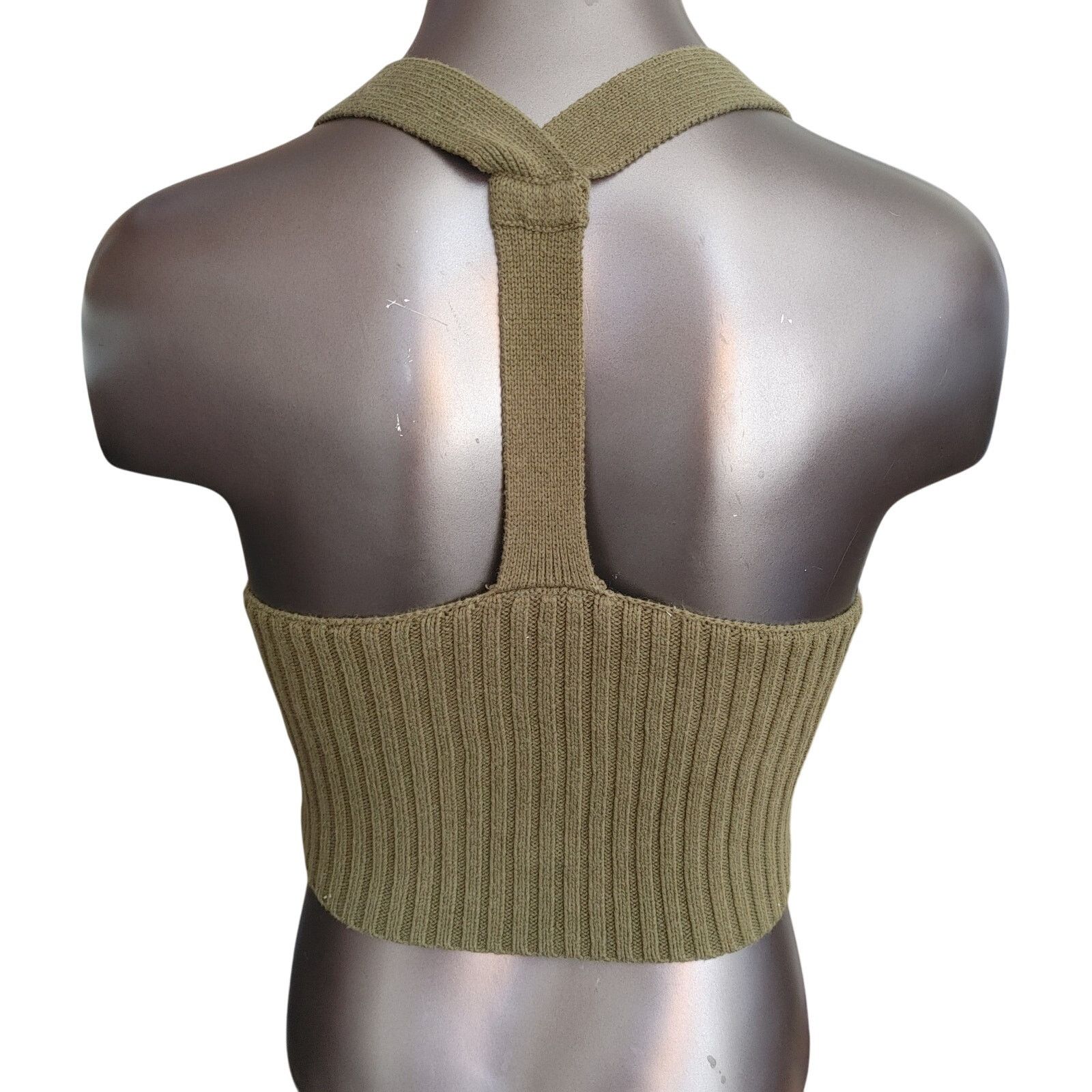 Other Women's M Olive Green Wool Knit Zip Front T-Back Crop Top Size M / US 6-8 / IT 42-44 - 2 Thumbnail