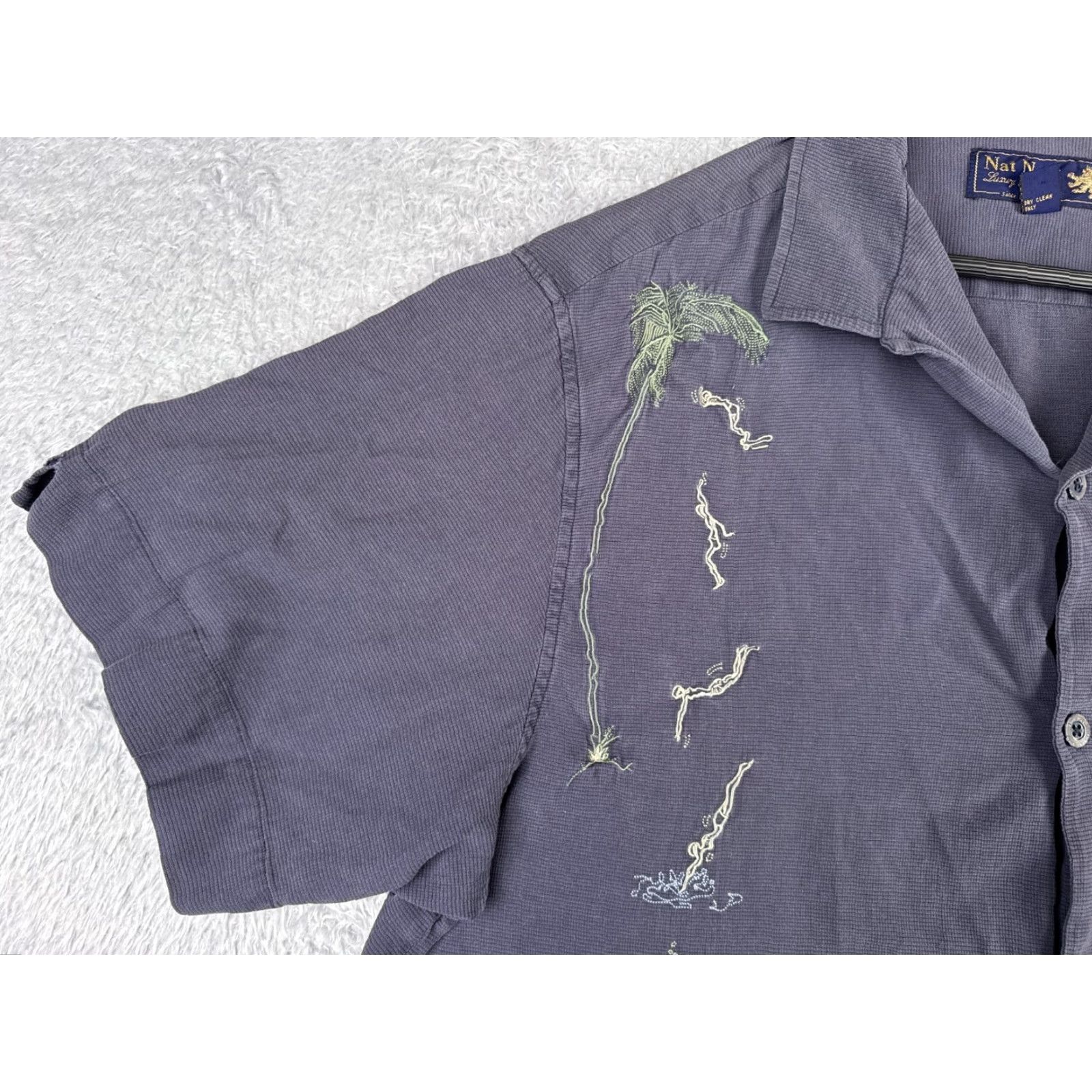 Nat Nast Nat Nast Mens Blue Purple Embroidered Palm Diver Silk Blend Shirt XL Hawaiian Button-Up Capable All Seasons Size US XL / EU 56 / 4 - 6 Thumbnail
