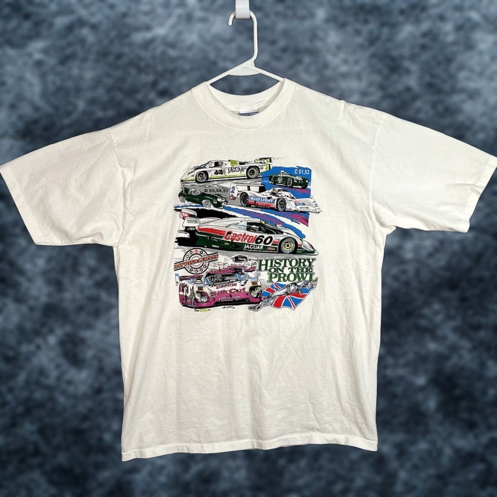 VINTAGE 90s All Sport Jaguar Daytona LeMans IMSA Car Racing Graphic Tee Adult XL White Mens
