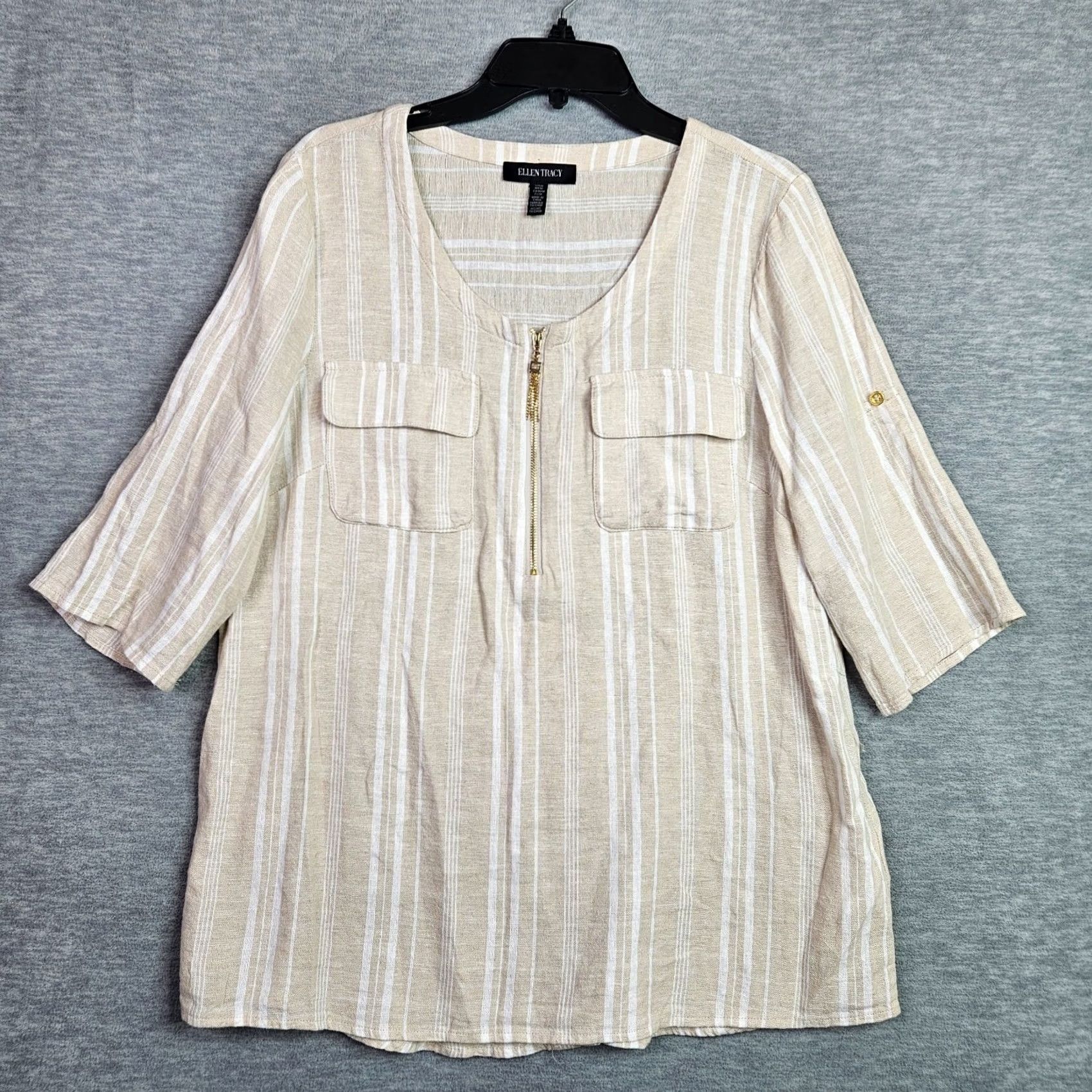 Ellen Tracy Ellen Tracy Blouse Woman Striped Linen Blend Beige Short Sleeve Round Neck Zip Front Buttonless Pullover Regular Fit Cotton-Free Size M / US 6-8 / IT 42-44 - 2 Thumbnail