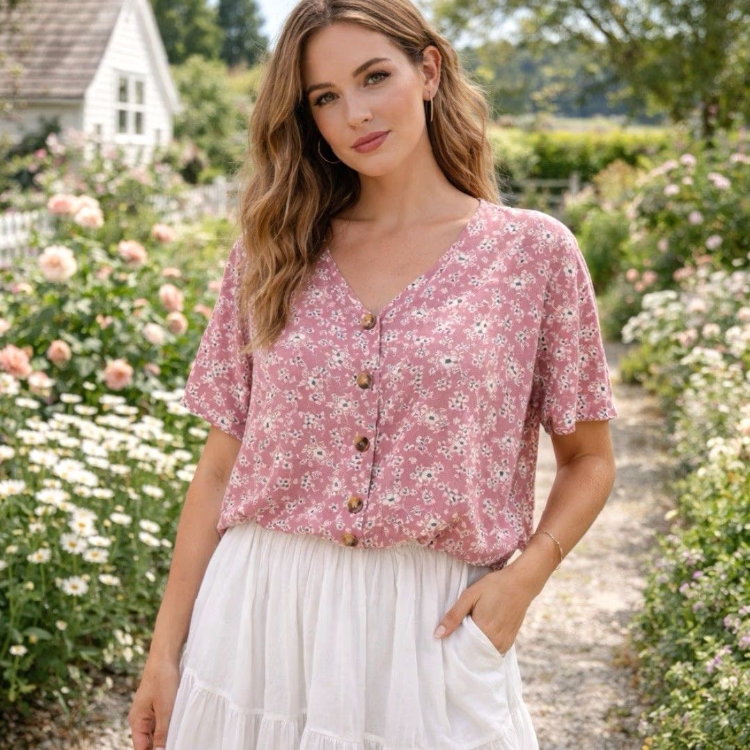 Vintage Bloomchic Blouse Shirt Short Sleeve Floral Pink Flutter Button V-Neck 18-20 Boho Bohemian Womens Size XXL / US 16-18 / IT 52-54 - 2 Thumbnail