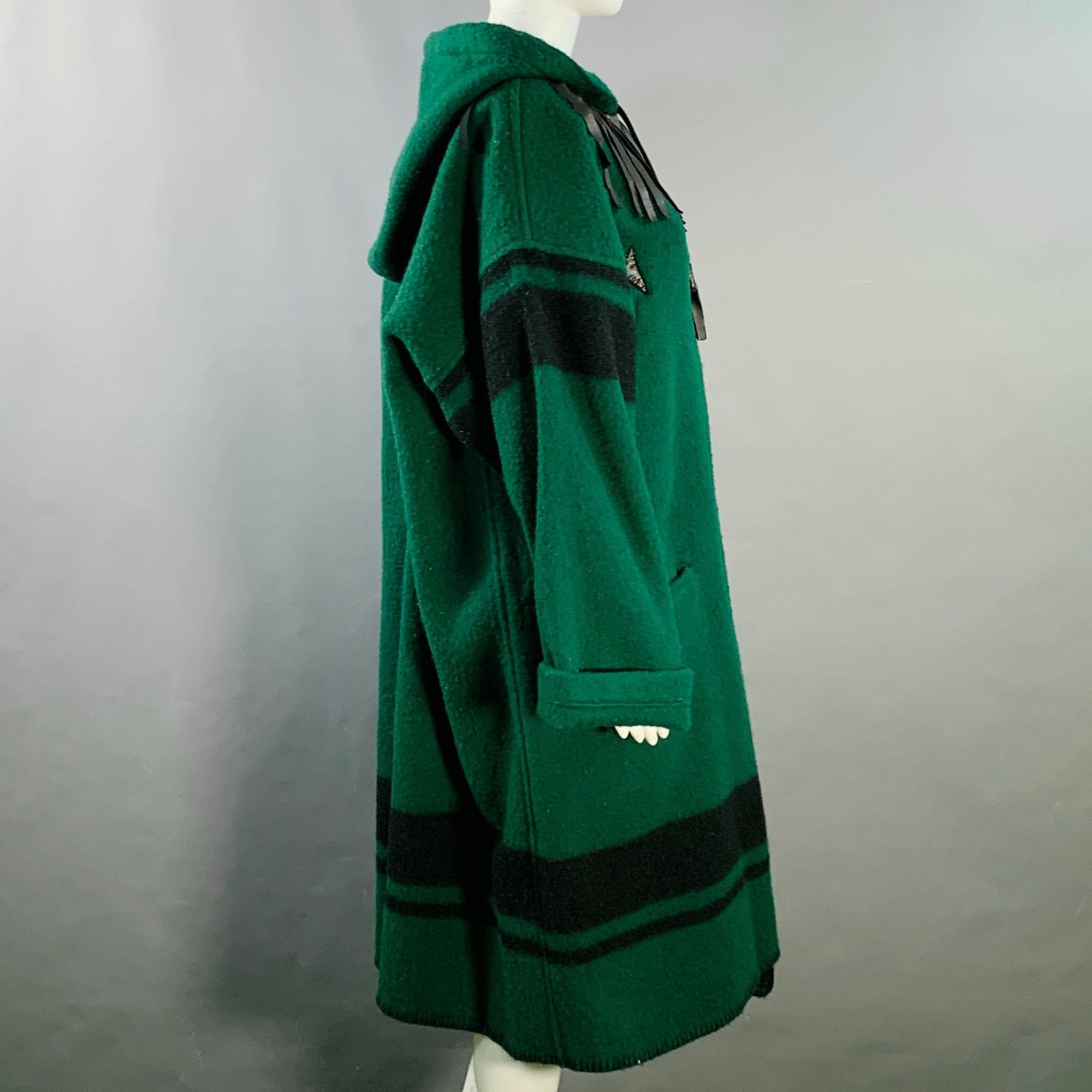 Jean Charles De Castelbajac Size 2 Green Black Wool Leather Fringe Hooded Coat Size XS / US 0-2 / IT 36-38 - 3 Thumbnail