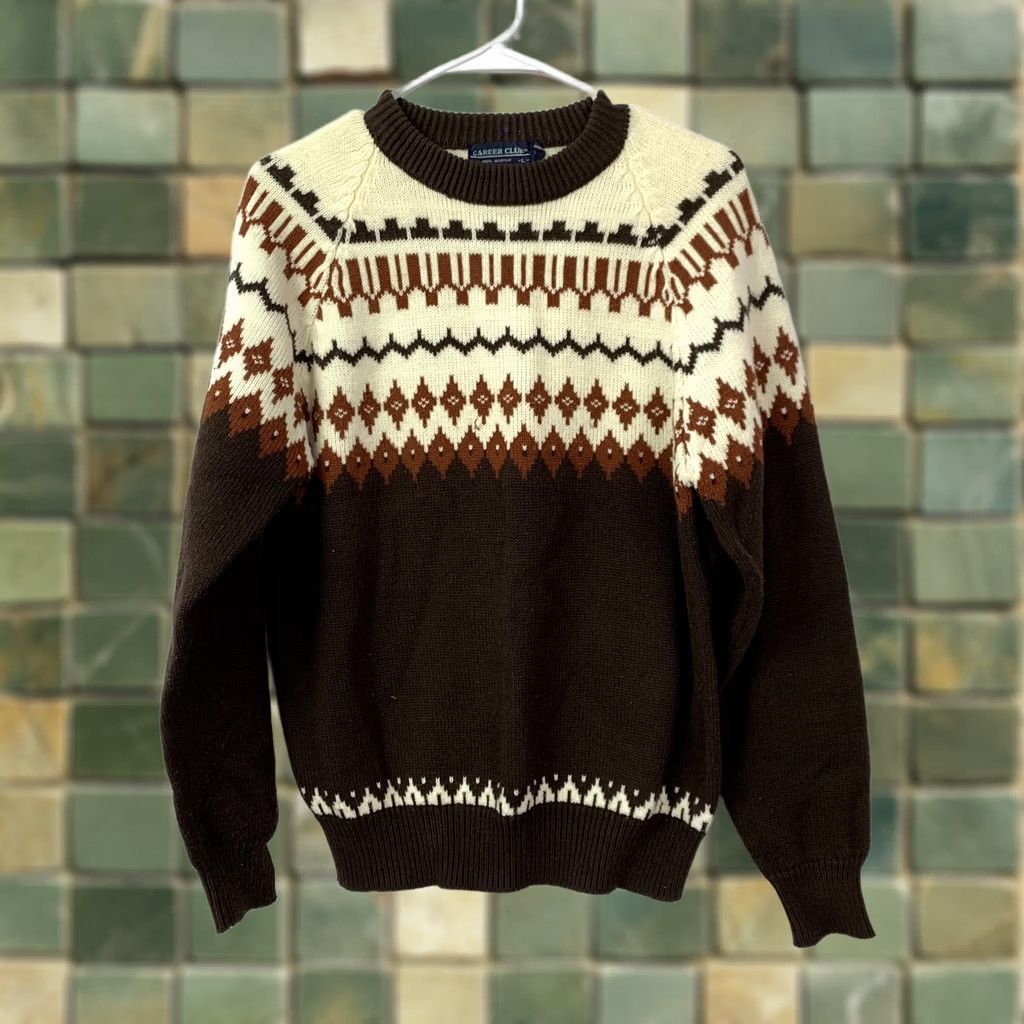 Vintage VINTAGE CAREER CLUB Men's Large Brown Cream Rust Fair Isle Knit Sweater Acrylic Size US L / EU 52-54 / 3 - 1 Thumbnail