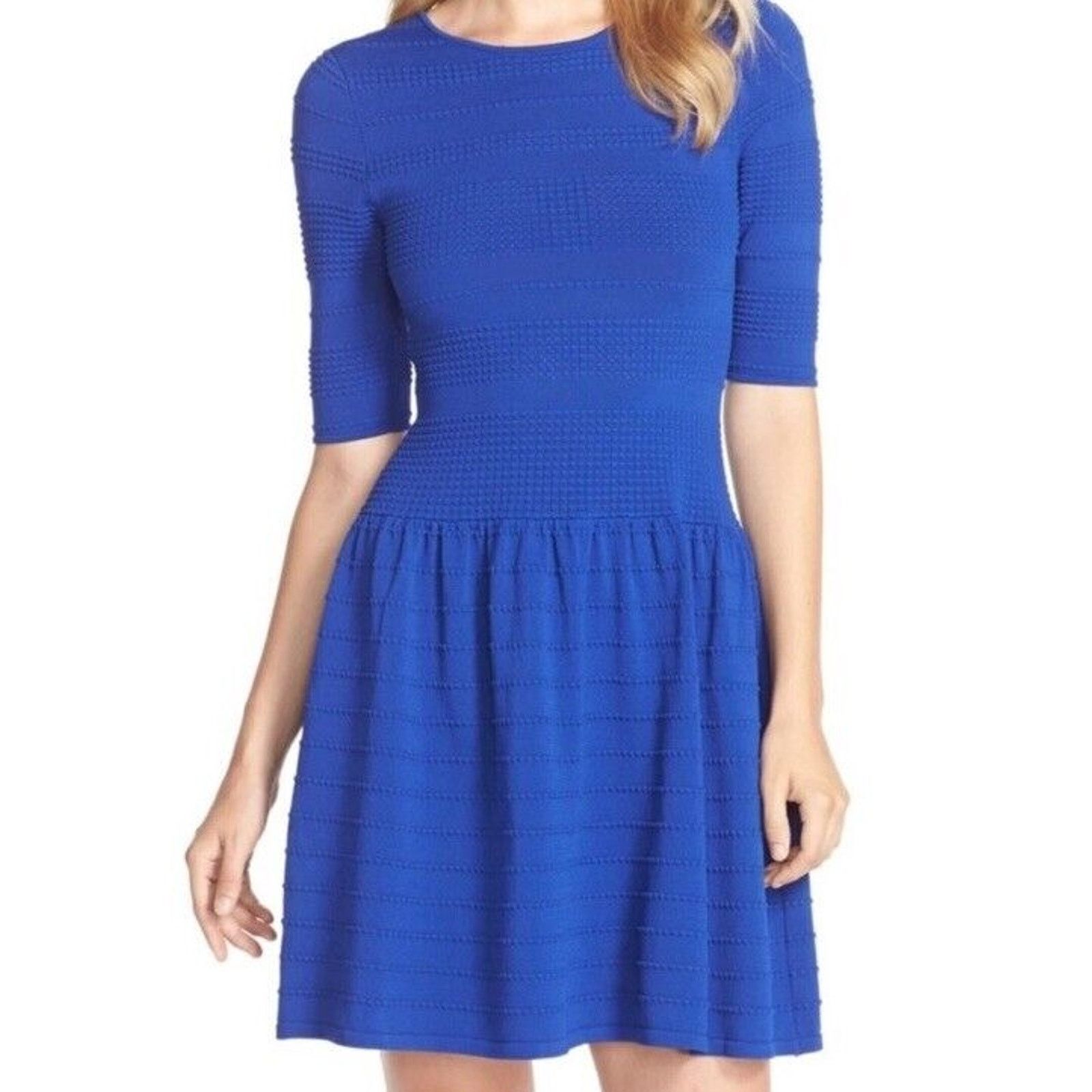 Nordstrom Eliza J | Royal Blue Fit & Flare Sweater Midi Dress Textured Size M / US 6-8 / IT 42-44 - 5 Thumbnail