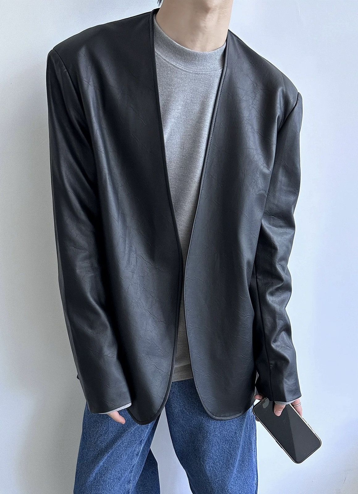 Retro cracked pu leather no collar collarless blazer jacket