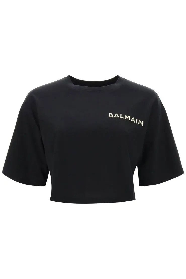 image of Balmain O1S22I1N0424 Metallic Logo T-Shirt In Black, Women's (Size Small)