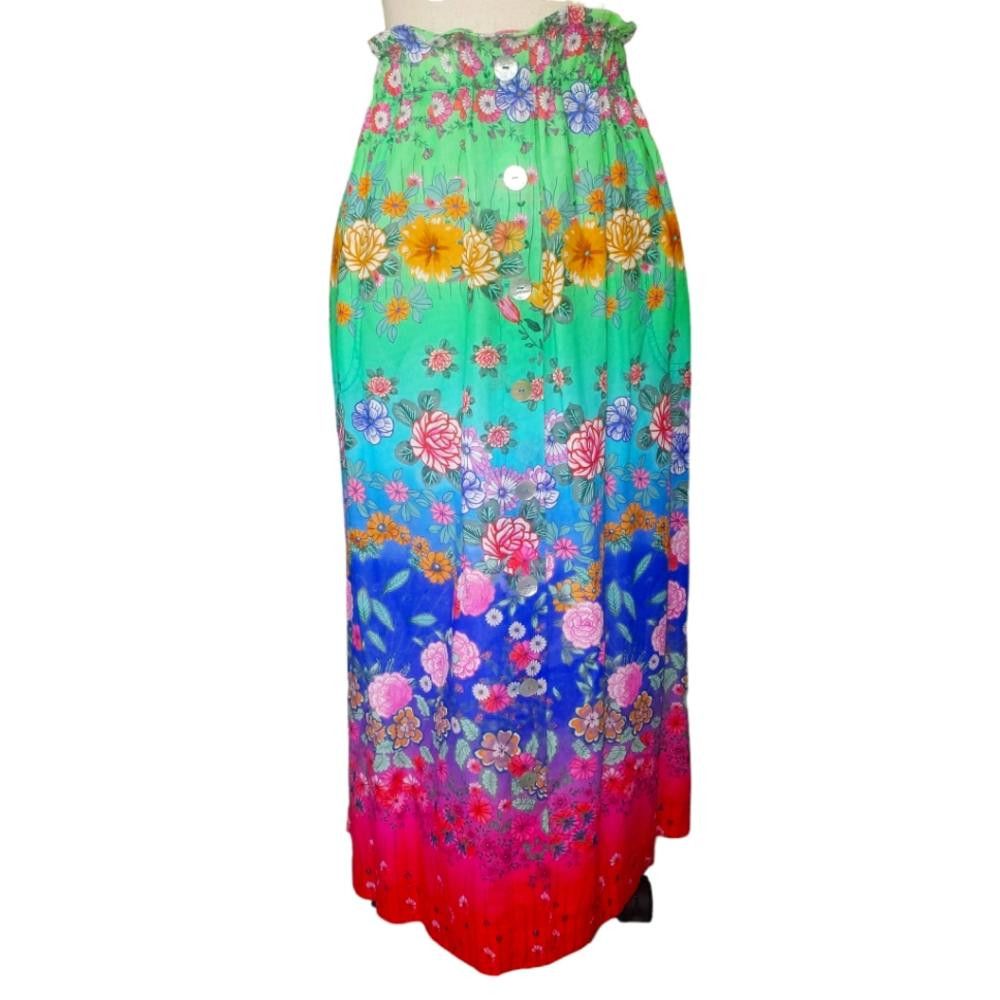 Designer CT552 Johnny Was Rainbow Field Paper bag Boho Midi Skirt M Size 32" / US 10 / IT 46 - 1 Thumbnail