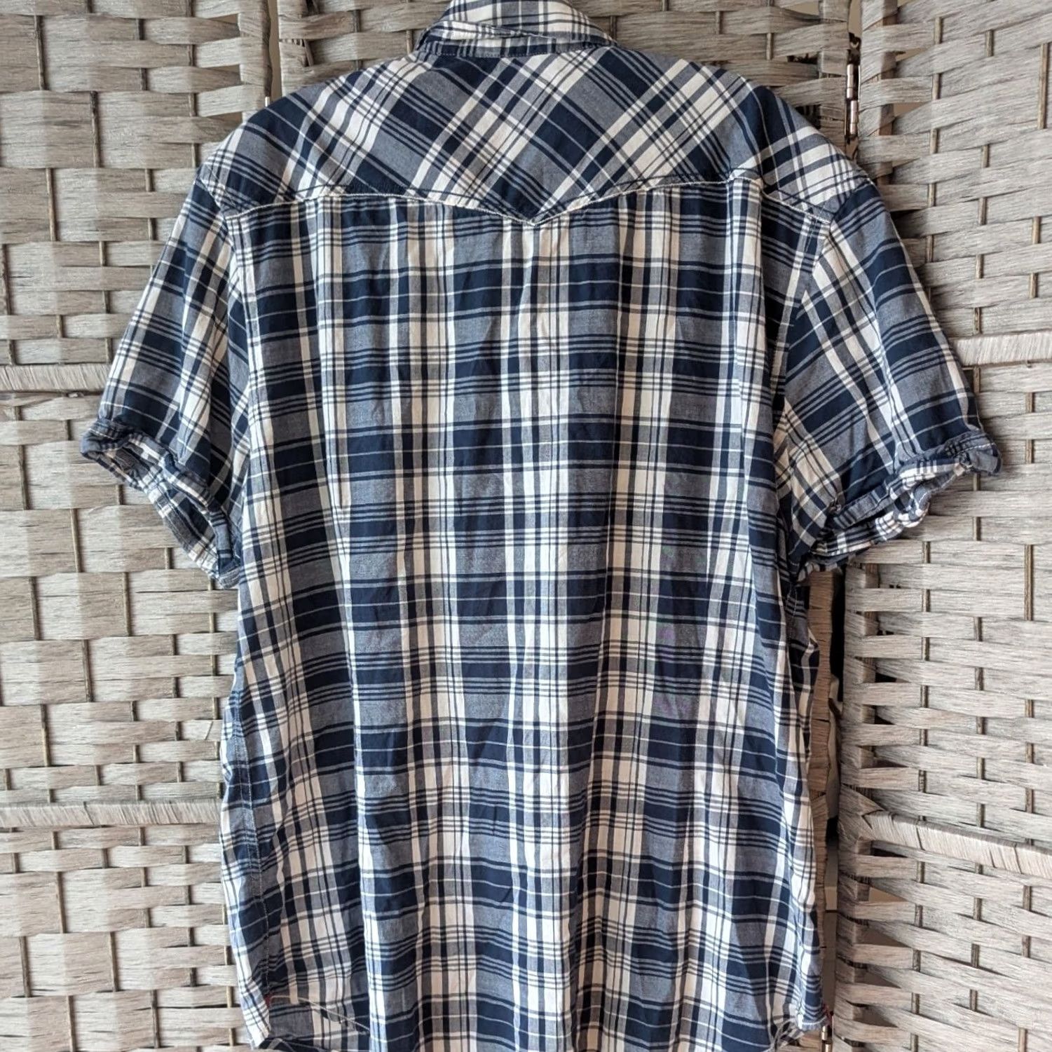 Express VINTAGE Express Short Sleeve Button Up Shirt Navy Blue Plaid Western Snap Mens XL Y2K Size US XL / EU 56 / 4 - 3 Thumbnail