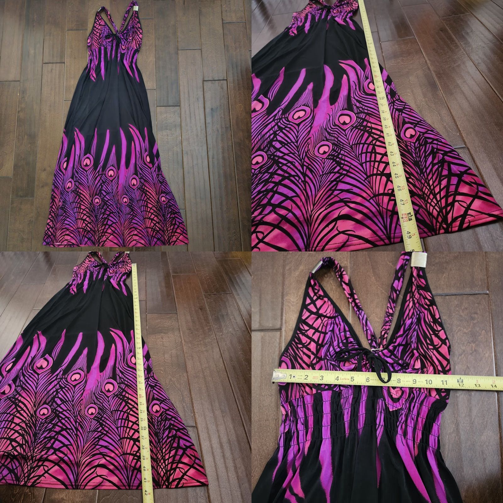 Vintage Ace Fashion Womens M Pink Black Peacock Print Halter Maxi Dress Size M / US 6-8 / IT 42-44 - 8 Thumbnail