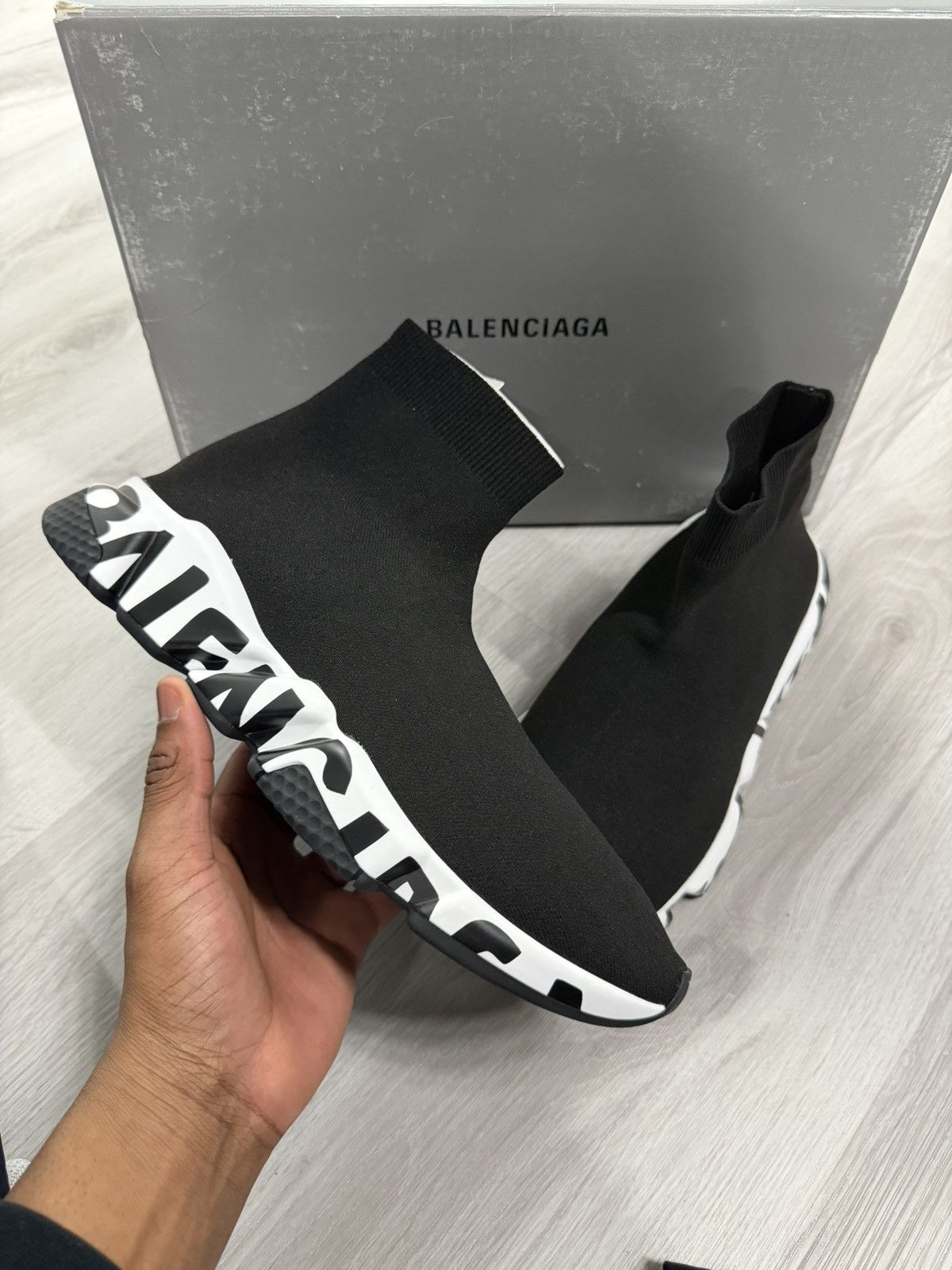 Balenciaga Speed Trainer Black White Logo Sole