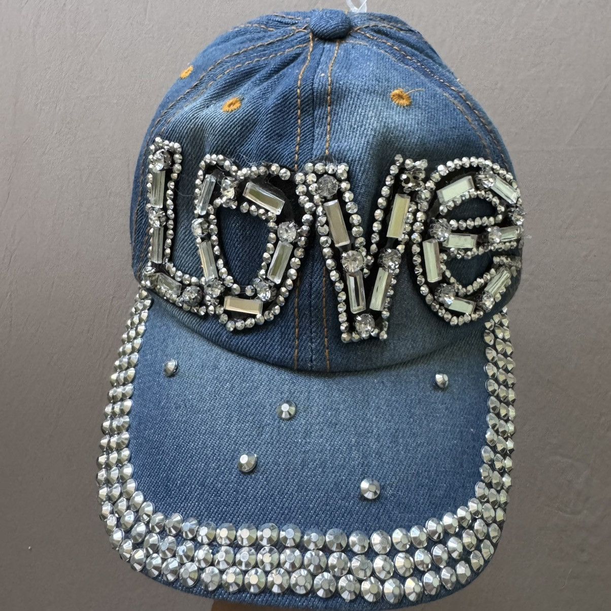 Other Grunge Y2K Bedazzled “Love” Rhinestone Denim Baseball Cap Size ONE SIZE - 2 Thumbnail