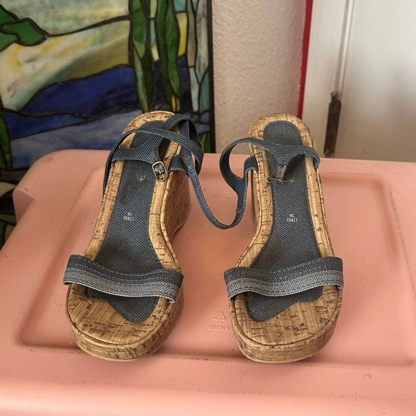 Other lower east side denim wood platform wedge sandal heels shoes Size US 7.5 / IT 37.5 - 2 Thumbnail