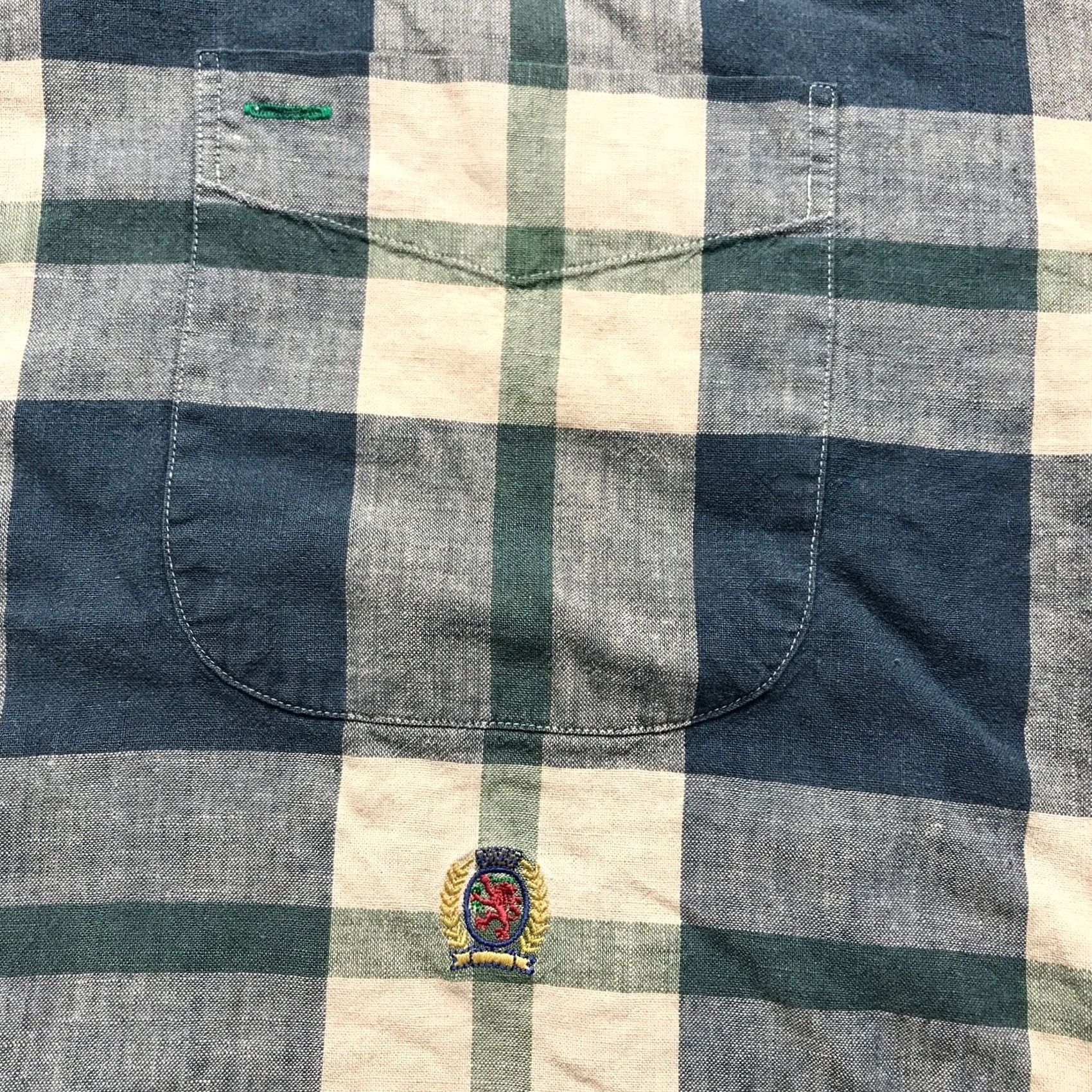 Tommy Hilfiger VINTAGE Tommy Hilfiger Button Up Shirt Mens XL Plaid Check Logo Navy Brown Gray Short Sleeve Bar None Size US XL / EU 56 / 4 - 6 Thumbnail