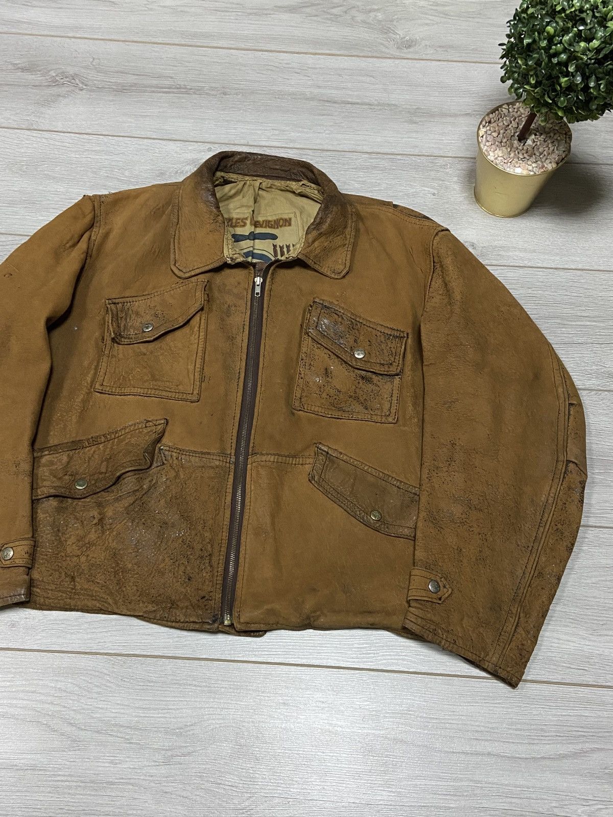 Chevignon vintage leather worn distressed leather jacket fly