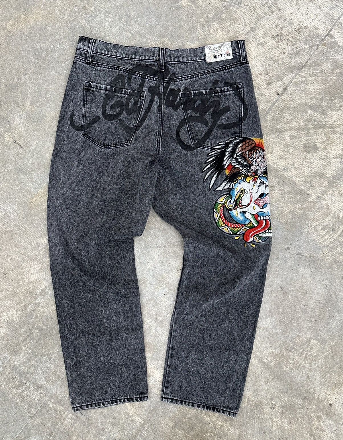 image of Crazy Y2K Ed Hardy Embroidered Eagle Skull Denim Jeans in Black, Men's (Size 38)