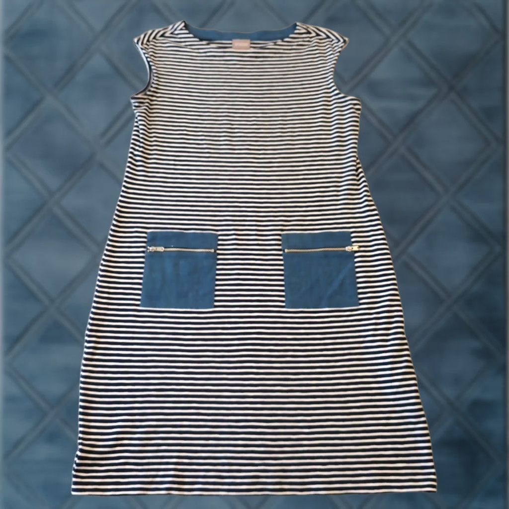 Vintage Chico's Shift Dress Knee Length Blue Striped Sleeveless Pullover Stretch Cotton Blend Casual Women Size 1 with Pockets Size XS / US 0-2 / IT 36-38 - 1 Thumbnail