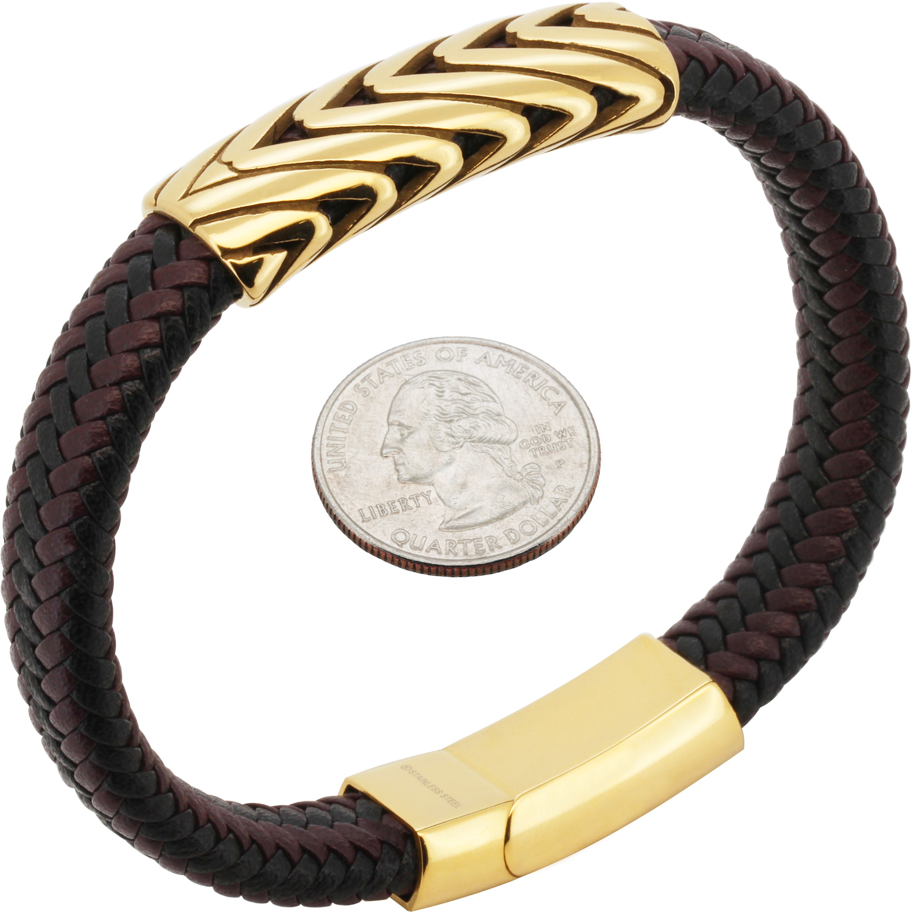 Other 316L Stainless Steel 18k GP 15mm 2Tone Leather Bracelet 8.5” Size ONE SIZE - 1 Preview