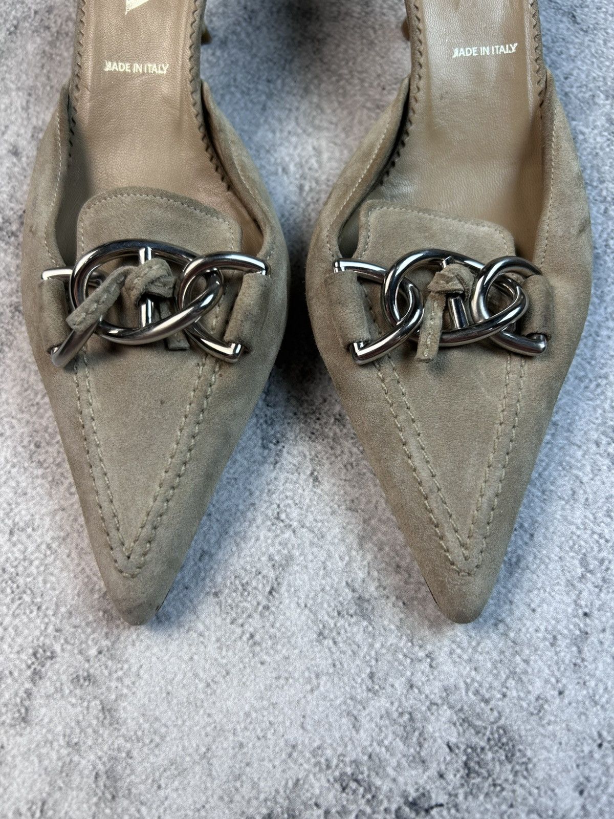 Prada Prada Vintage Tan Suede Chain Link Kitten Mule Heels Size US 7.5 / IT 37.5 - 3 Thumbnail