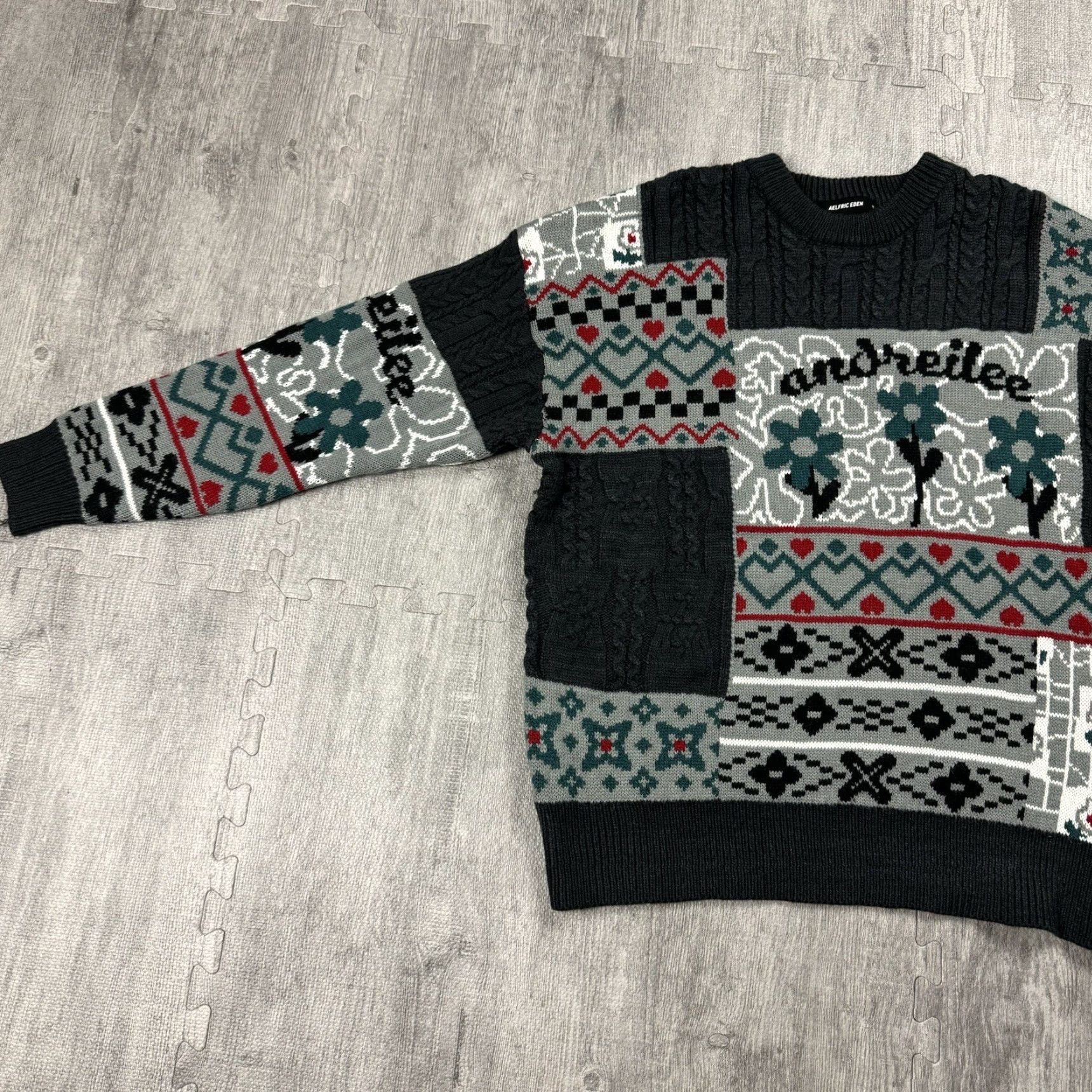 Vintage AELFRIC EDEN Gray Floral Patchwork Knit Sweater Pullover Medium Oversized Lightweight 80s Unisex Adults Size M / US 6-8 / IT 42-44 - 5 Thumbnail