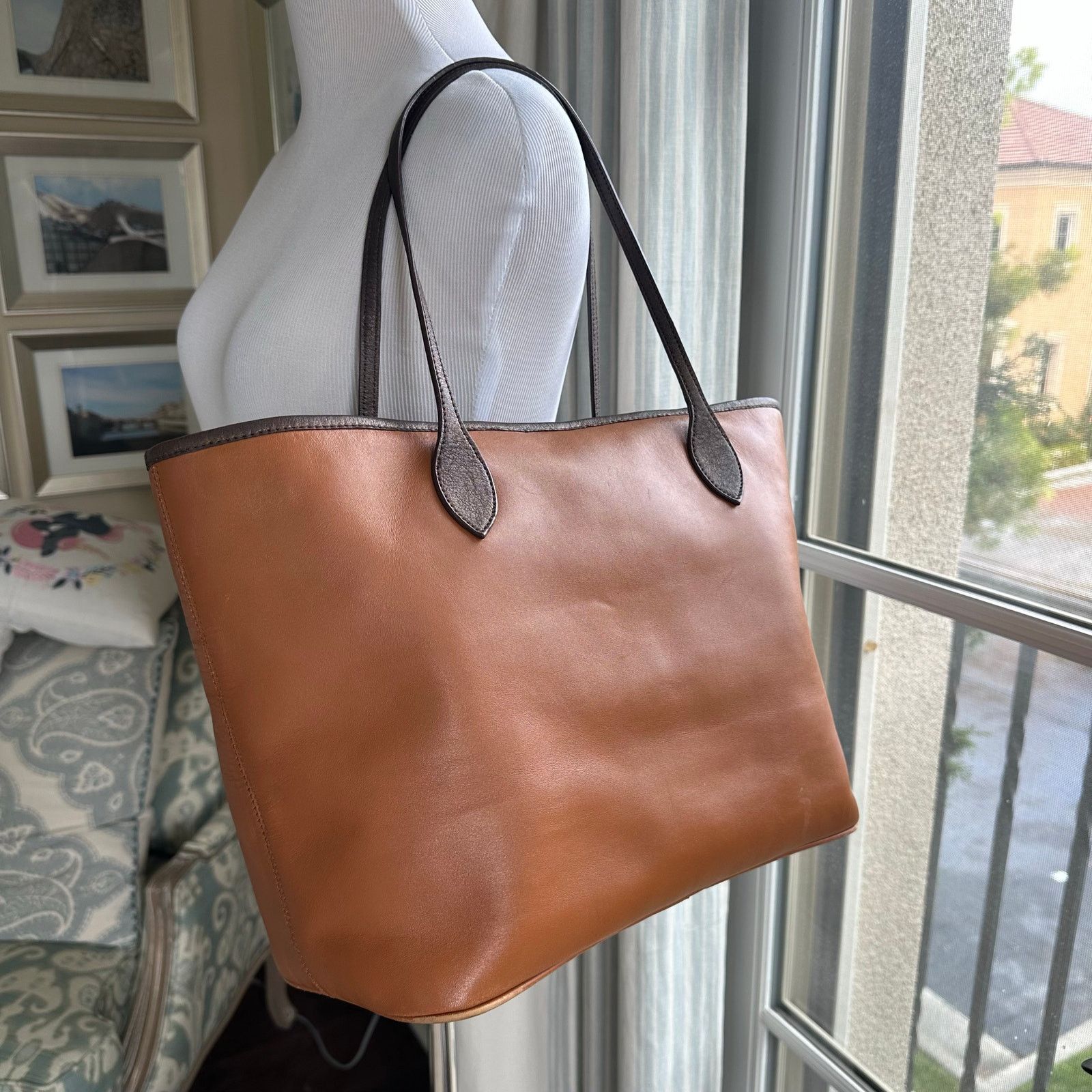 Other Genuine Leather Tote Batik Print Fabric Lined Handmade Size ONE SIZE - 2 Thumbnail