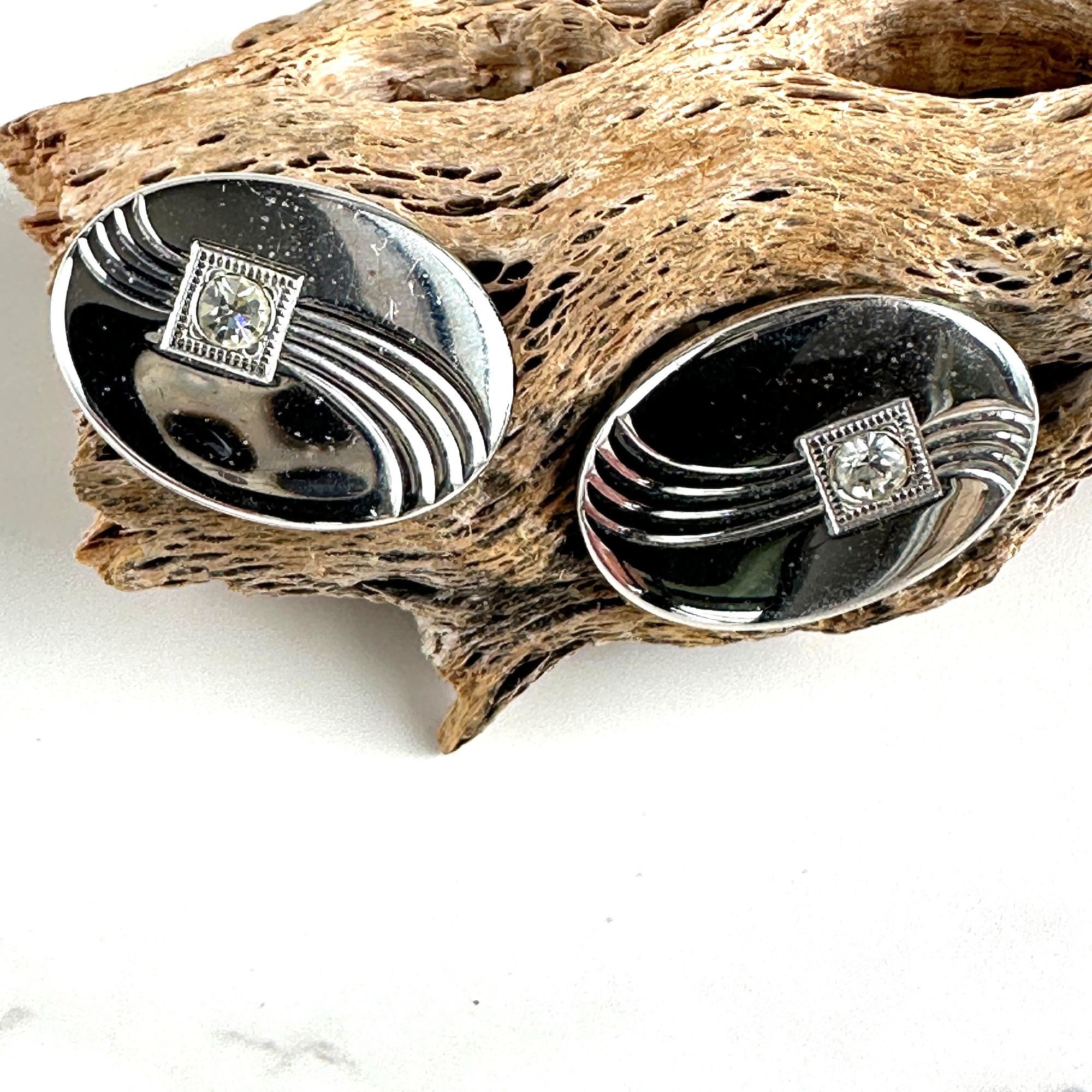 Vintage Anson Vintage Cufflinks Oval Rhinestone Silver Tone Size ONE SIZE - 1 Thumbnail