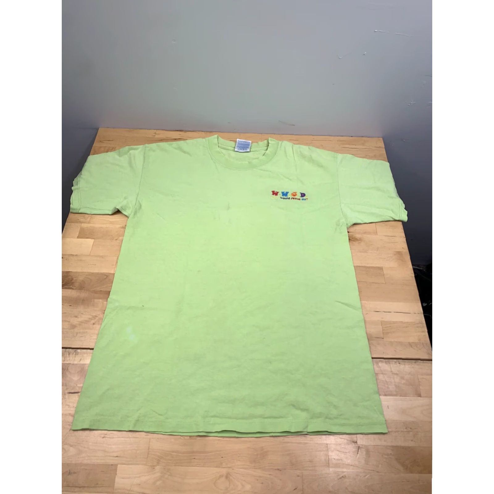 Gildan VINTAGE What Would Jesus Do Shirt Mens L Lime Green WWJD T-Shirt Cotton Gildan 1990s Regular Short Sleeve Crew Neck Size US L / EU 52-54 / 3 - 3 Thumbnail
