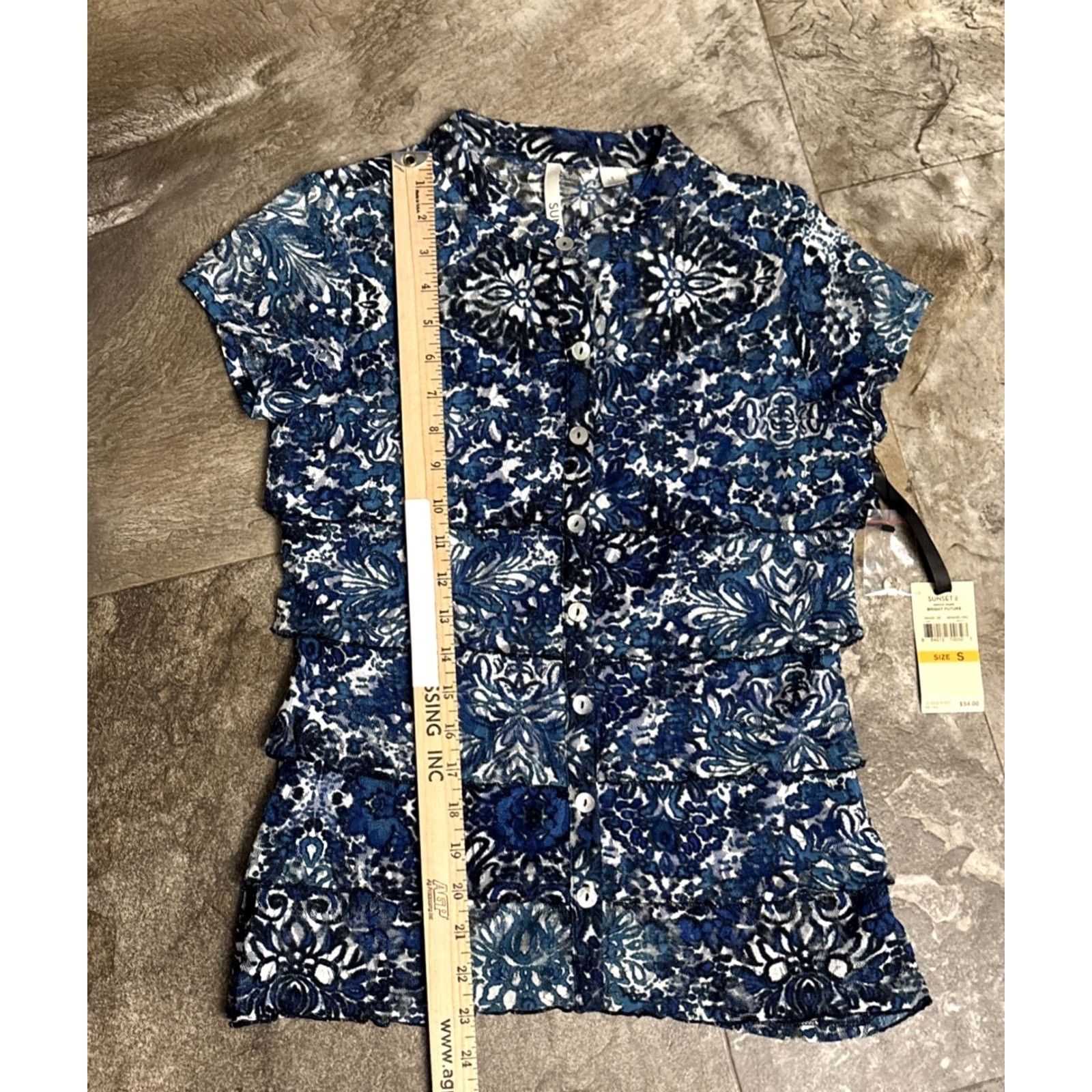Vintage Sunset Rd Blouse Shirt Short Sleeve Blue Floral Bohemian Lined Sheer Ruffle Button NWT Sz S Womens Regular Adult Small Size S / US 4 / IT 40 - 4 Thumbnail