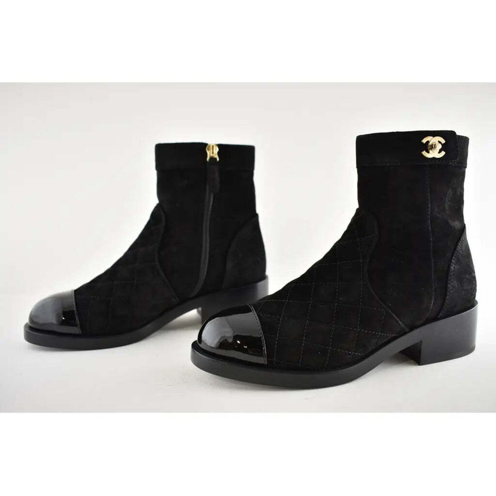 Chanel Chanel 20K Black Suede Quilted Turnlock CC Gold Patent Ankle Size US 5 / IT 35 - 9 Thumbnail