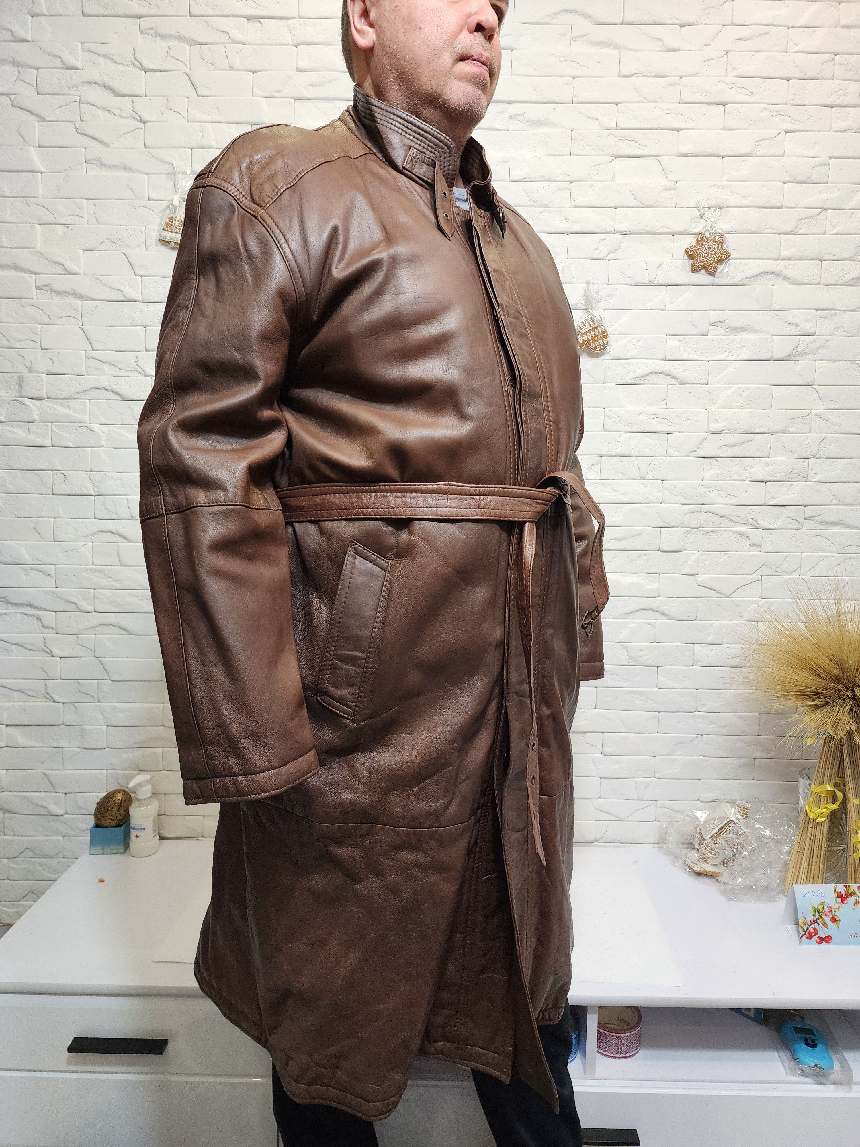 Uniqlo Brown Genuine Leather Men's Coat with Belt Size US XL / EU 56 / 4 - 3 Thumbnail