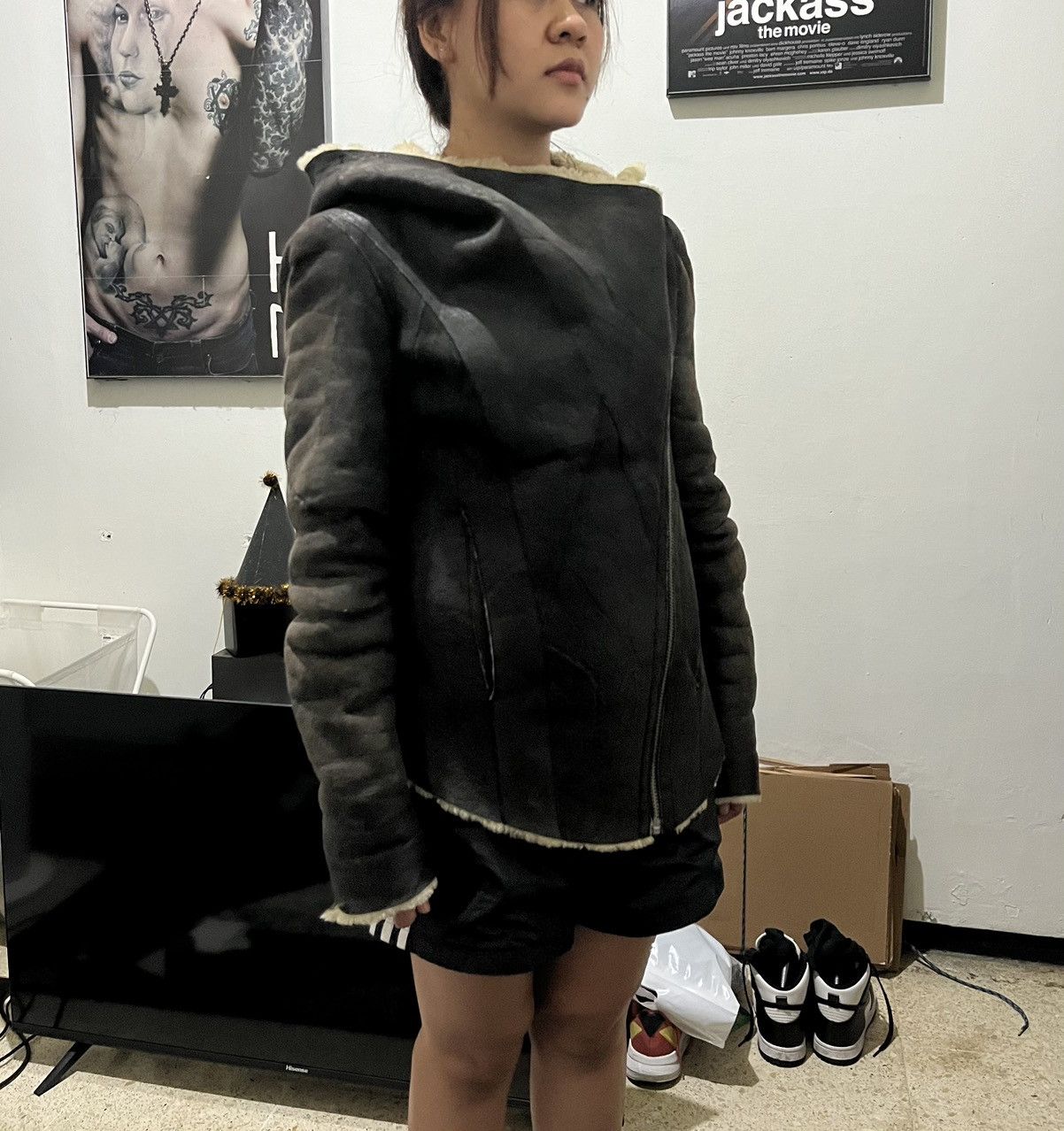 Helmut lang asymmetric hooded shearling leather jacket