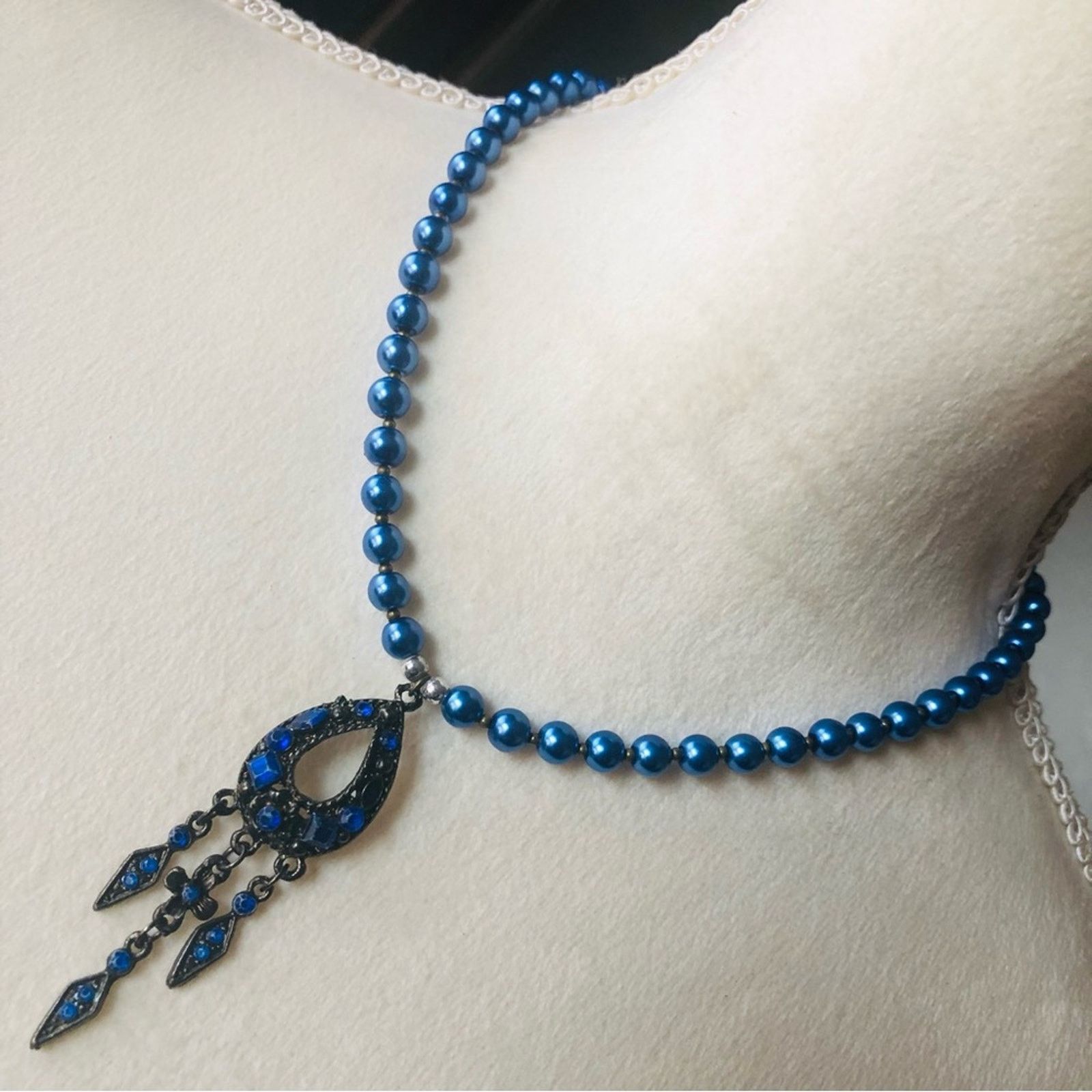 Handmade Handcrafted repurpose blue stone fringe Pearl necklace Size ONE SIZE - 1 Thumbnail