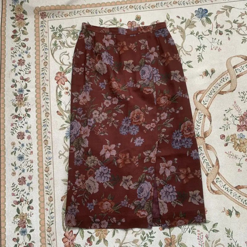 Burberry Floral Print Wool Midi Skirt