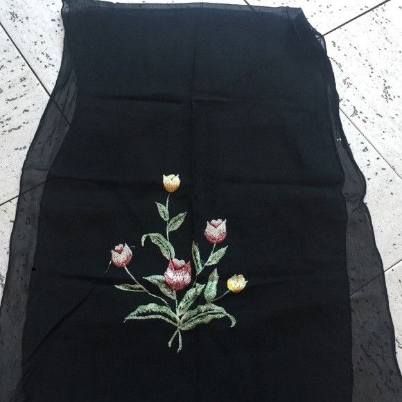 Vintage Vintage Black Crepe Flowered Long Scarf Size ONE SIZE - 2 Thumbnail