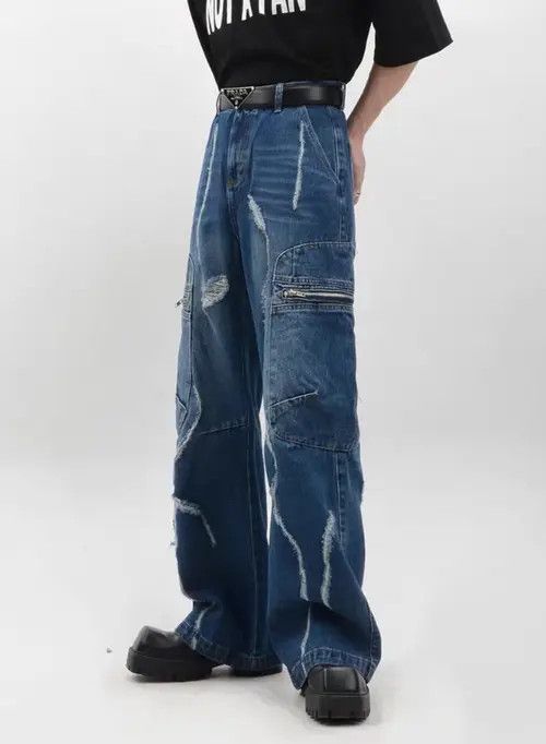 VIBE Retro raw edge washed distressed wide leg jeans Size US 32 / EU 48 - 7 Thumbnail