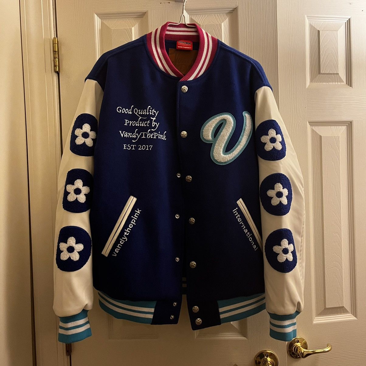 image of Vandy The Pink X Doraemon Varsity Jacket in Blue, Men's (Size Medium)