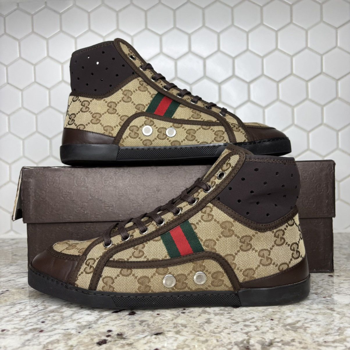 Gucci Size 7-Gucci California Striped High 'Beige Ebony' clean W/B Size US 7 / EU 40 - 1 Thumbnail