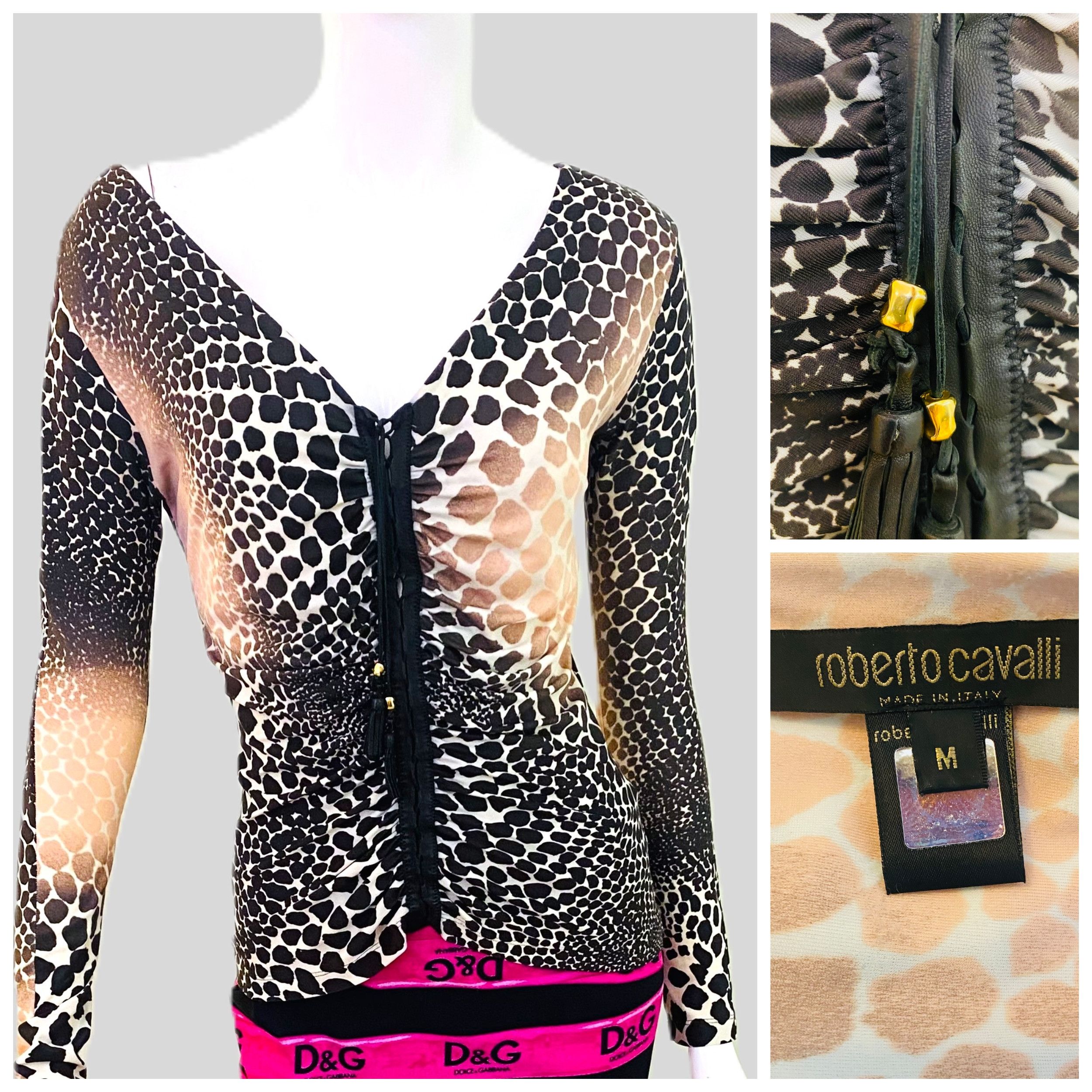 Roberto Cavalli Roberto Cavalli Lace Up 2004 S/S Giraffe Leopard Animal Top Size M / US 6-8 / IT 42-44 - 1 Thumbnail