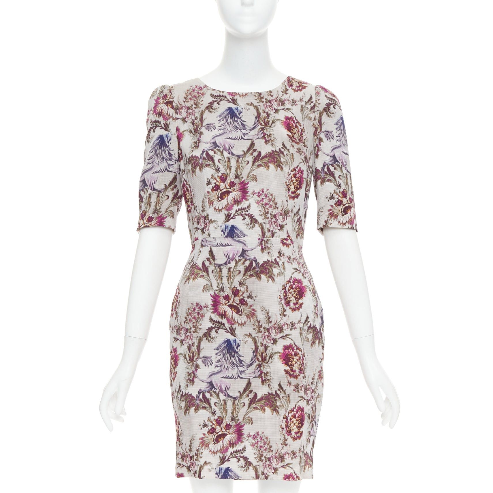 Dolce & Gabbana DOLCE GABBANA purple grey silk Barocco flower print sheath dress IT42 M Size M / US 6-8 / IT 42-44 - 1 Thumbnail