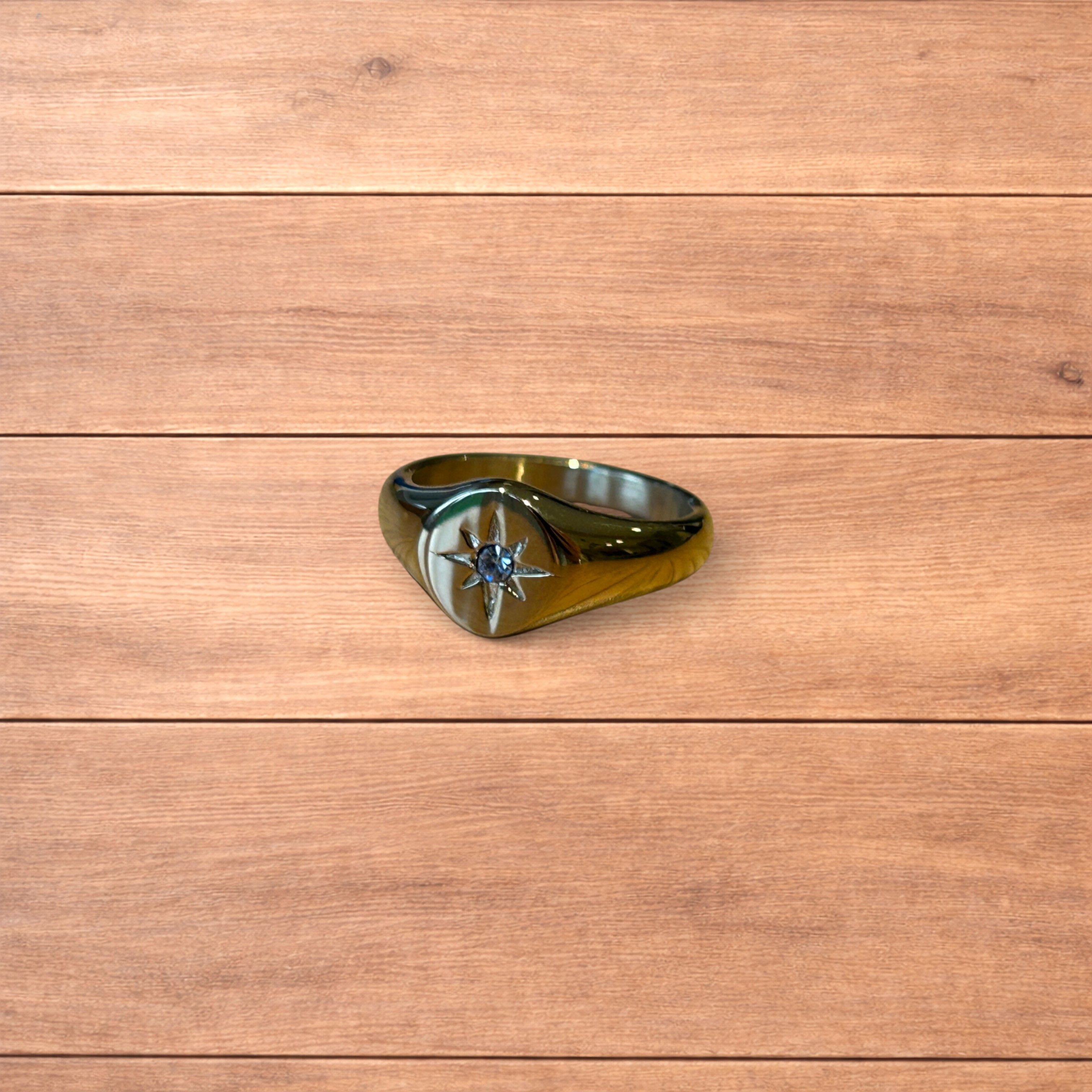 Japanese Brand Vintage style signet ring with diamond star detail in gold. Size ONE SIZE - 5 Thumbnail