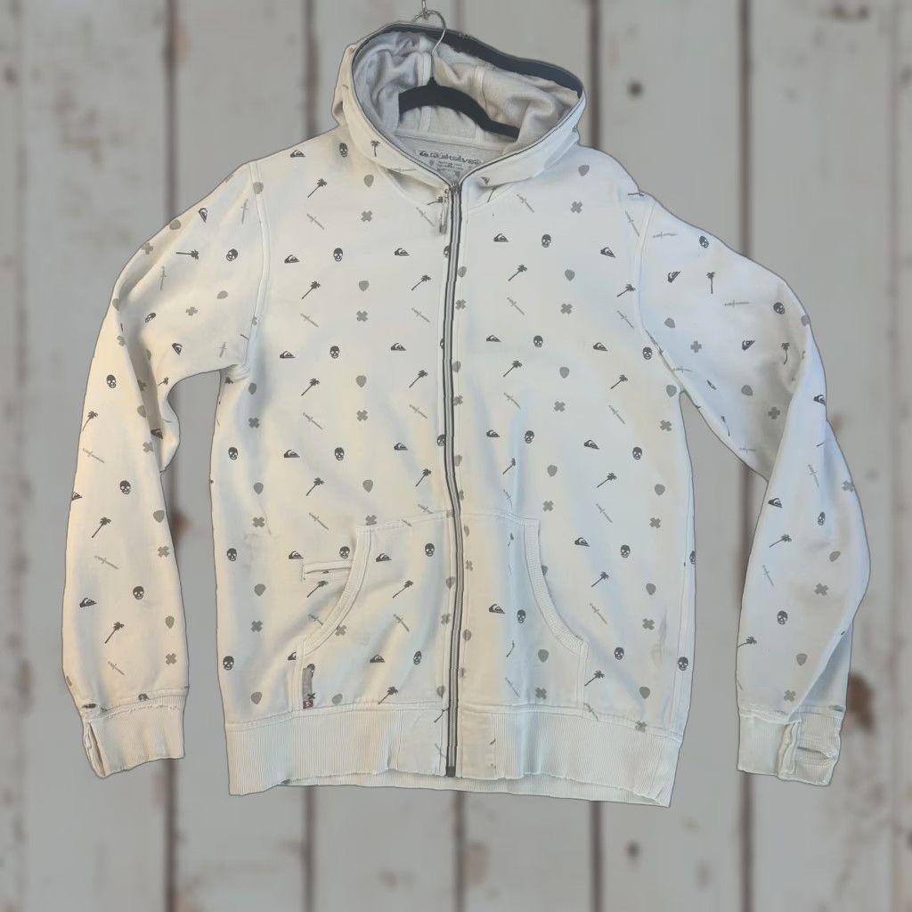 Quiksilver Quiksilver Hoodie Mens Medium White Full Zip Skull Palm Tree Sword Graphic Skate Shirt Size US M / EU 48-50 / 2 - 1 Thumbnail