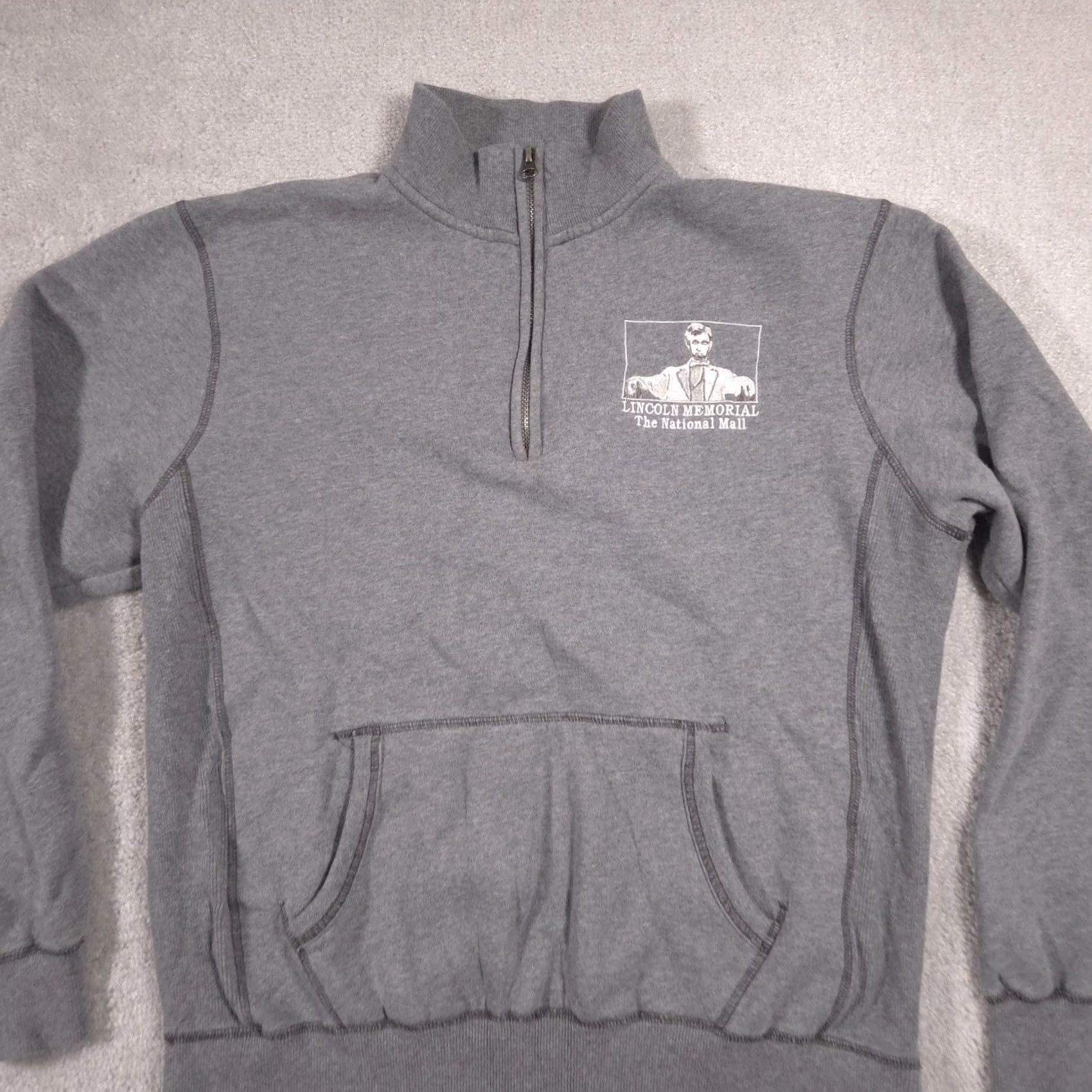 Vintage Blue 84 Sweatshirt Mens M Gray Quarter Zip Fleece Lincoln Memorial Graphic Pullover USA 1/4 Zip Kangaroo Pocket Embroidered Logo Mock Neck Size US M / EU 48-50 / 2 - 3 Thumbnail